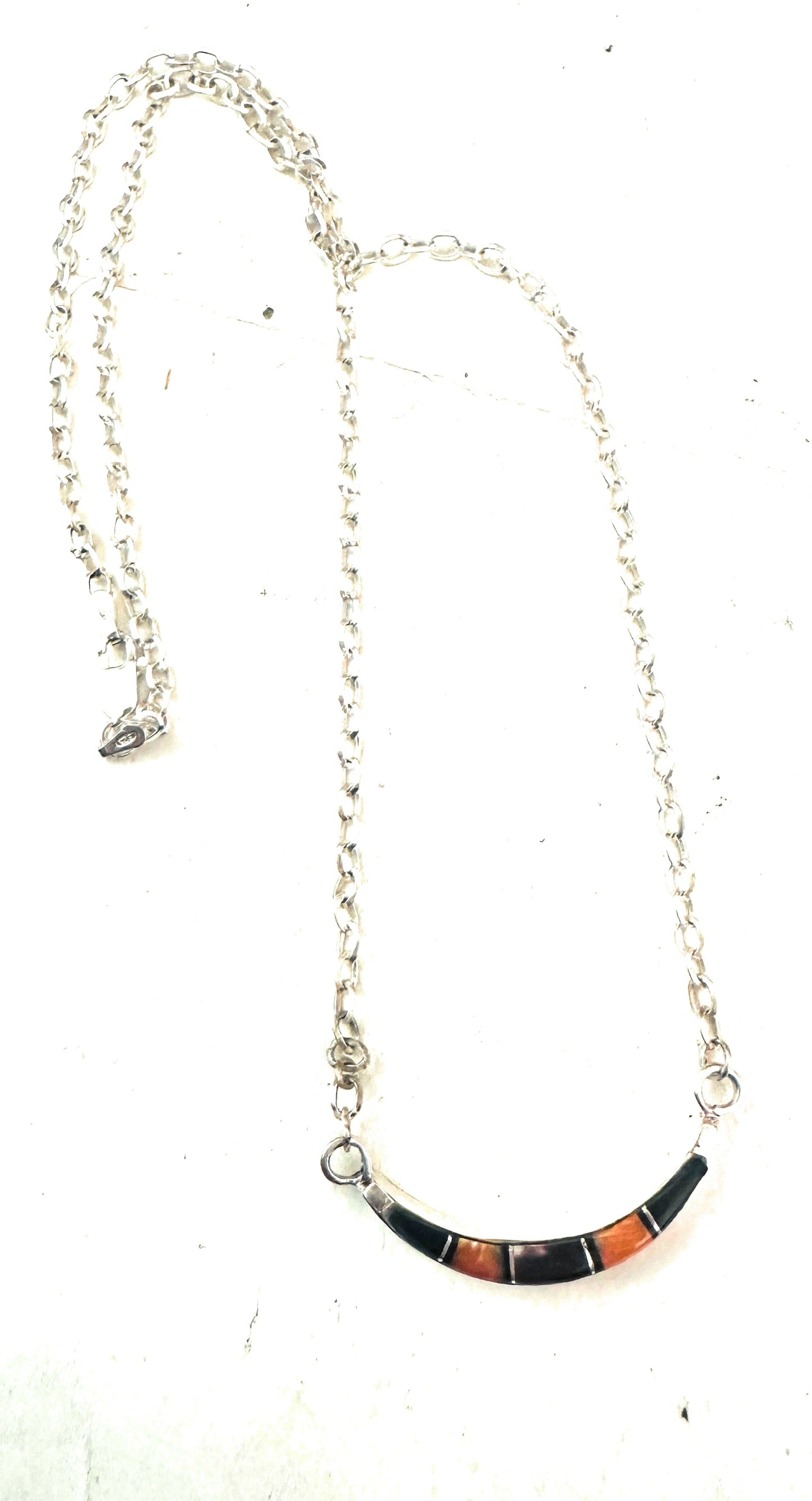 Handcrafted Sterling Silver, Onyx & Spiny Inlay Crescent Necklace