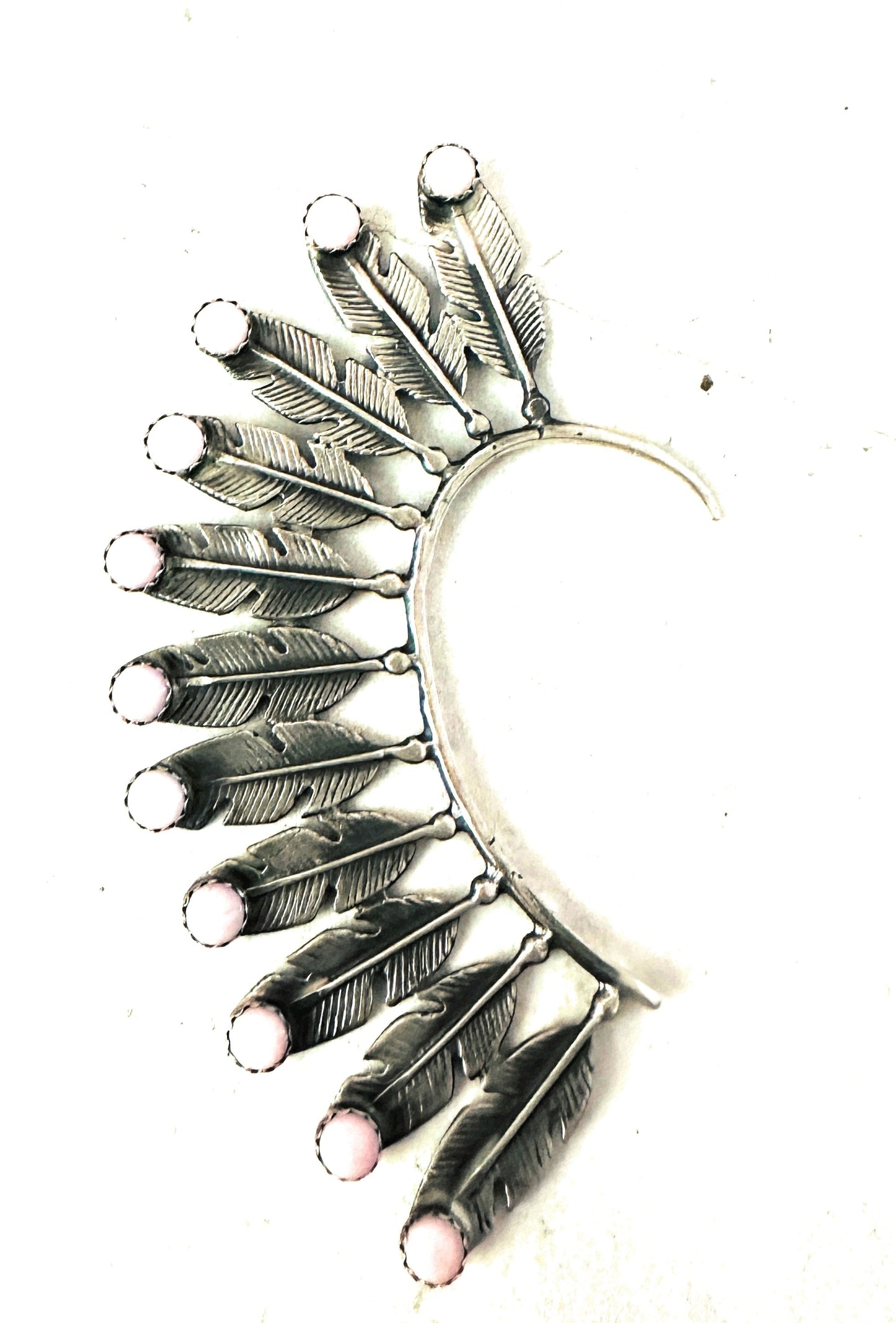 Handcrafted Queen Pink Conch & Sterling Silver Feather Cuff Earring