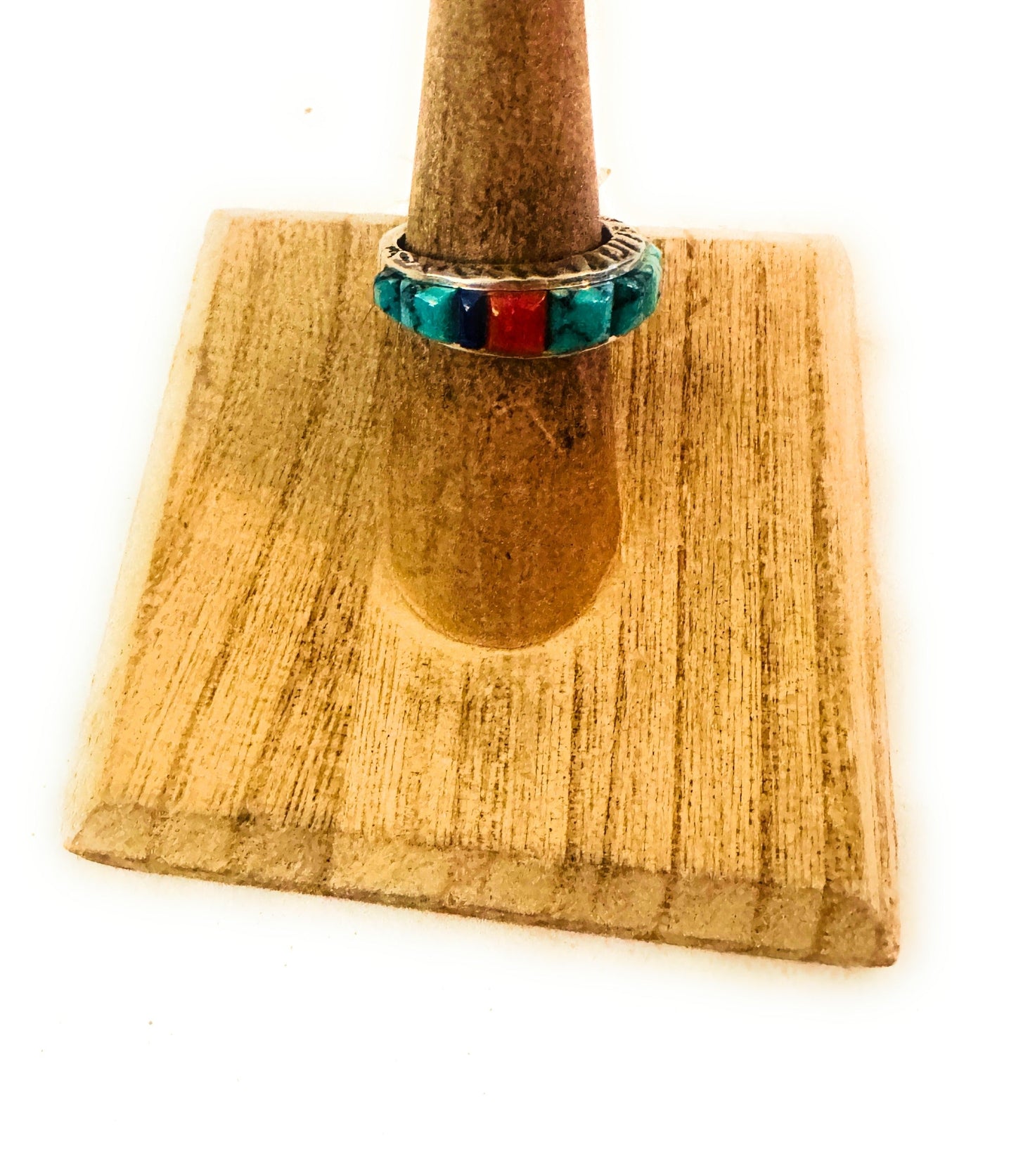 Handcrafted Turquoise, Coral, Lapis & Sterling Silver Inlay Ring Size 6
