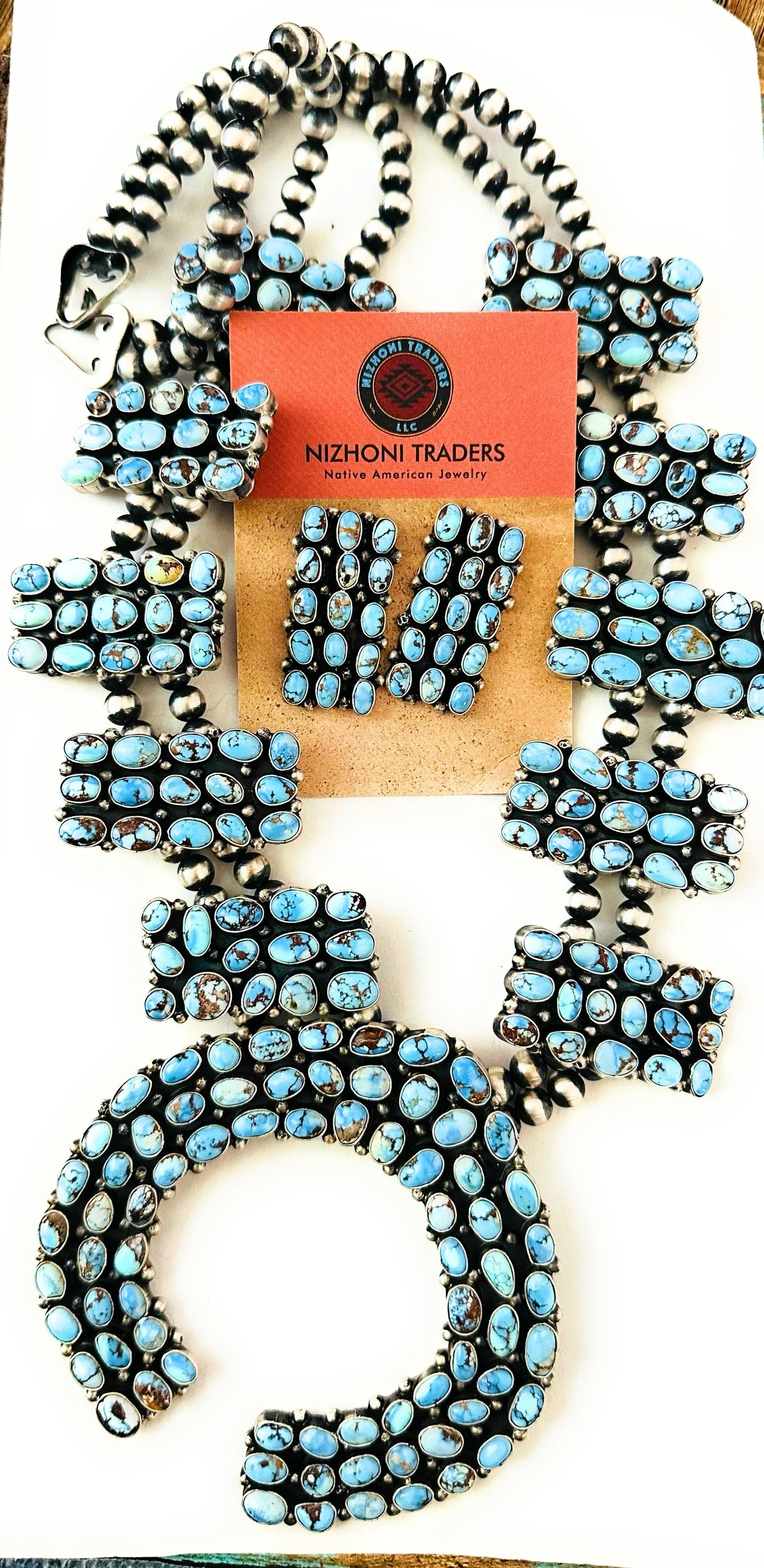Handcrafted Golden Hills Turquoise & Sterling Silver Squash Blossom Necklace Set by B. Yellowhorse