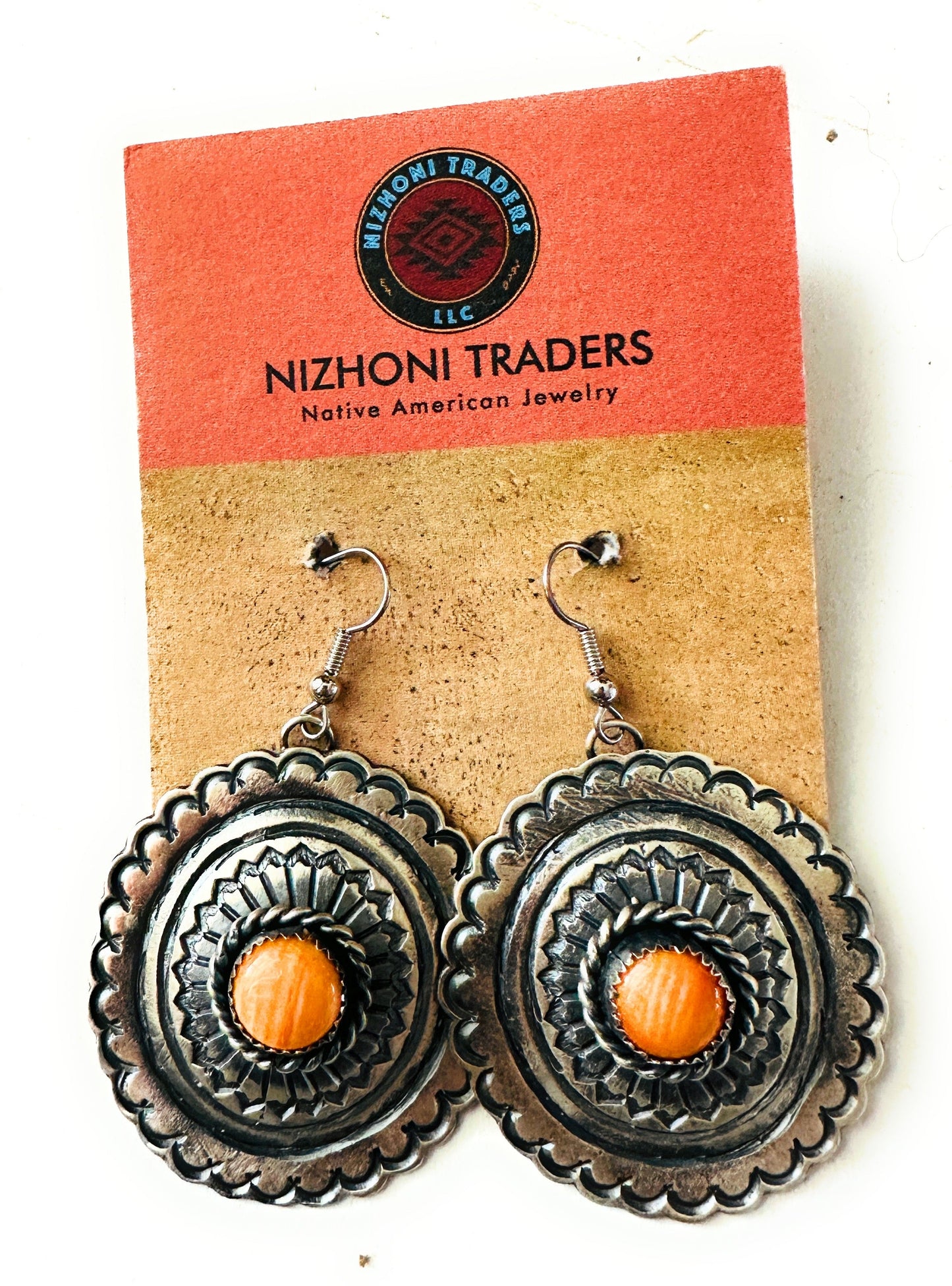 Handcrafted Orange Spiny and Sterling Silver Concho Dangle Earrings
