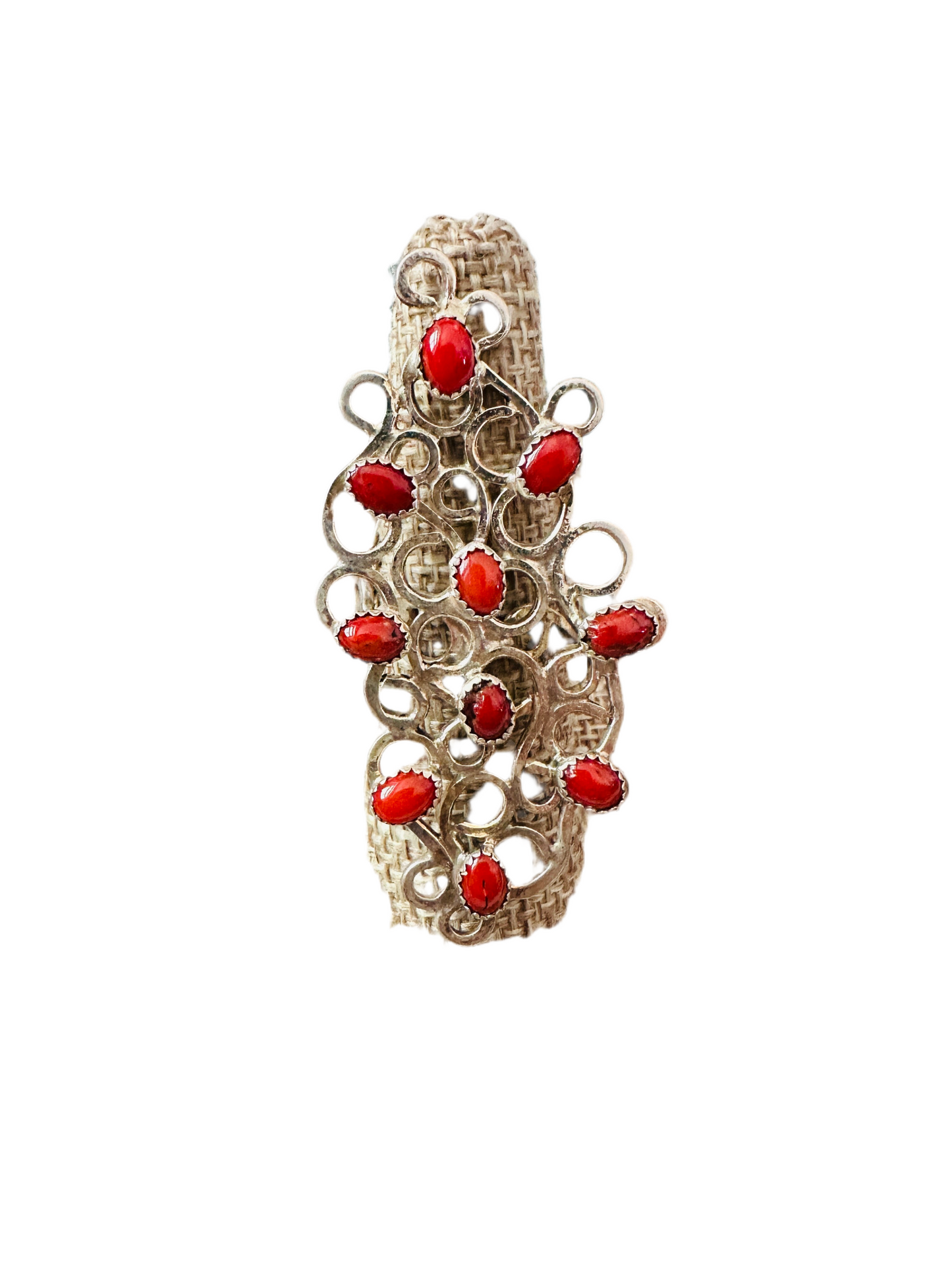 Handcrafted Sterling Silver & Coral Abstract Statement Ring Size 8.5