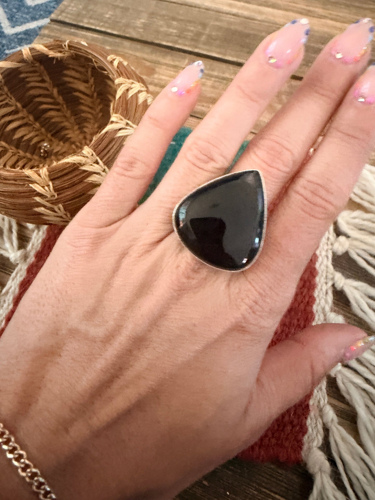 Handcrafted Black Onyx & Sterling Silver Ring Size 7.25