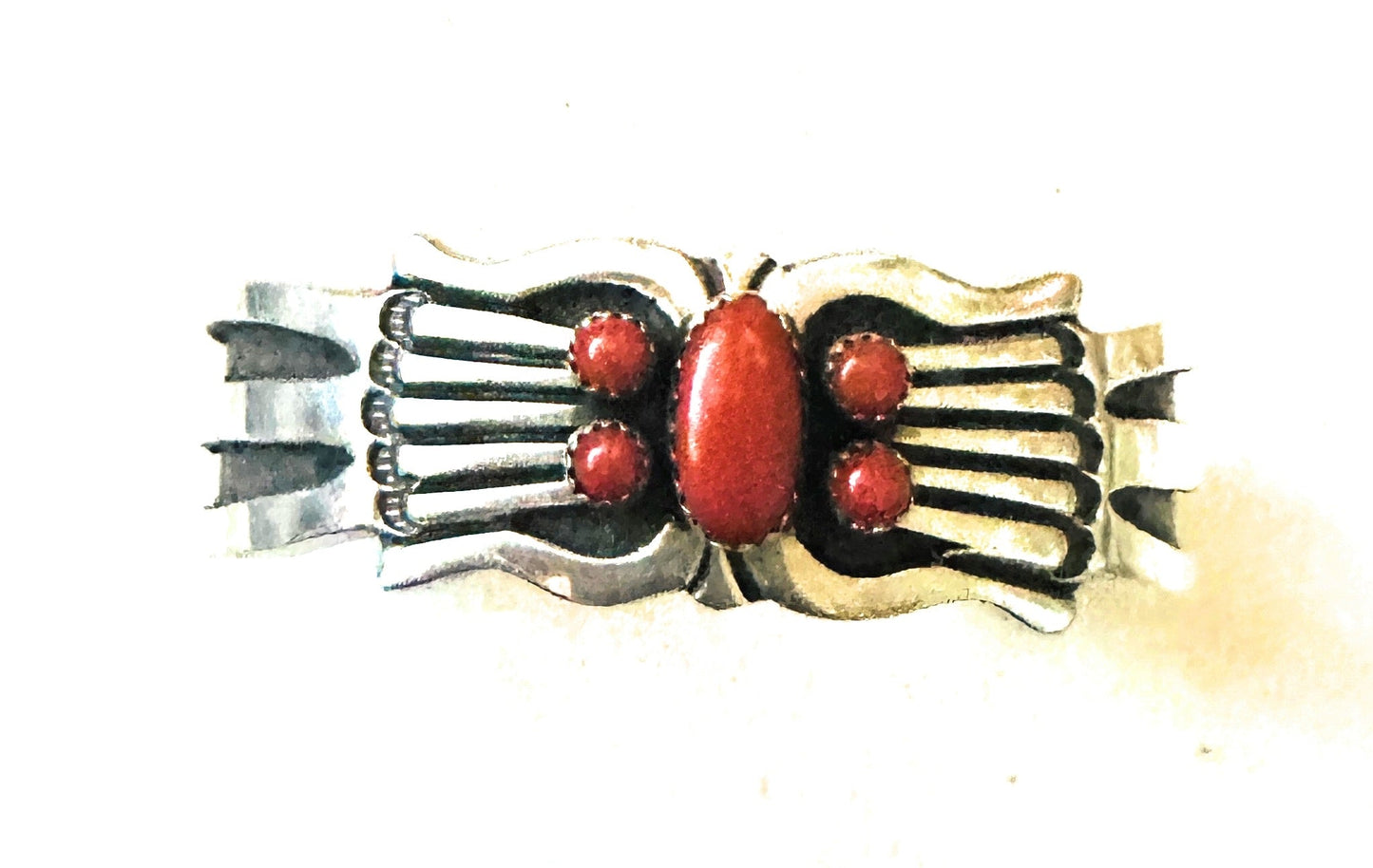 Handcrafted Coral & Sterling Silver Cuff Bracelet Signed