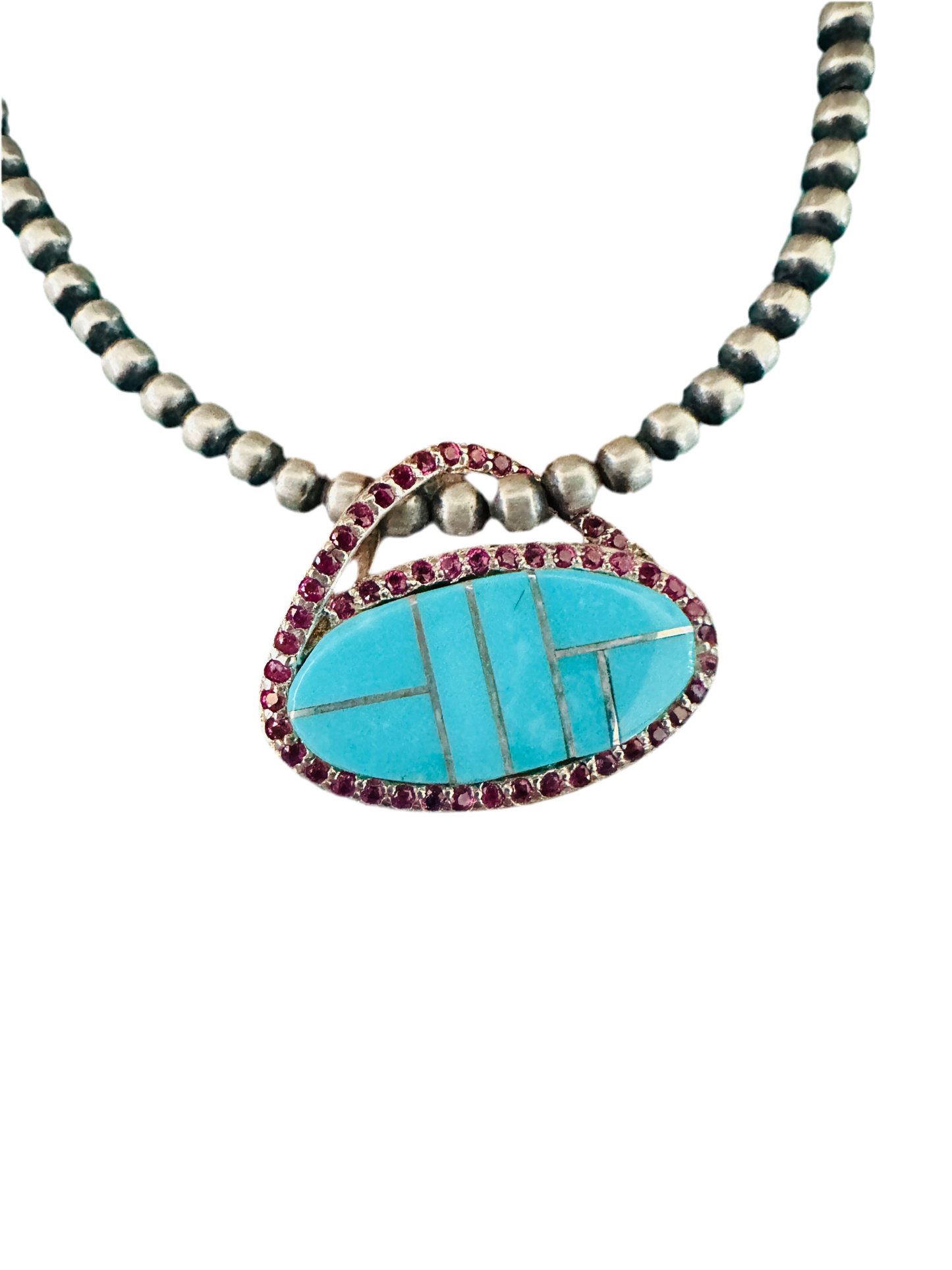 Handcrafted Turquoise, Garnet & Sterling Silver Inlay Pendant