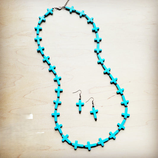 **Blue Turquoise & Wood Beaded Cross Necklace 258n