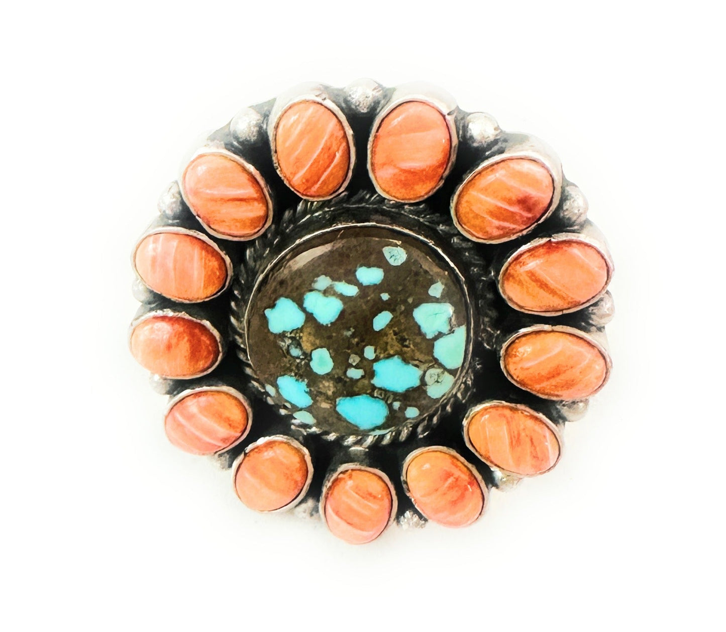 Handcrafted Sterling Silver, Orange Spiny & Turquoise Cluster Adjustable Ring