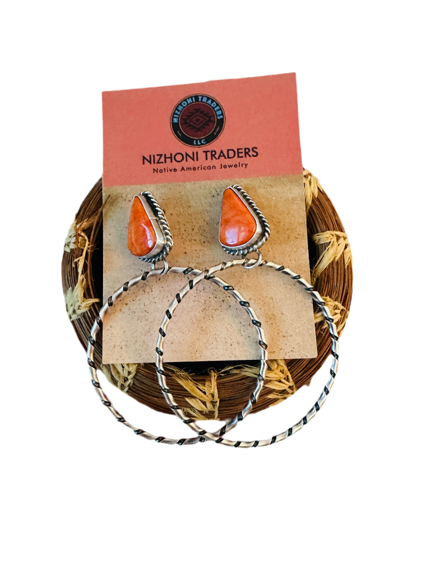 Handcrafted Orange Spiny and Sterling Silver Dangle Hoop Earrings