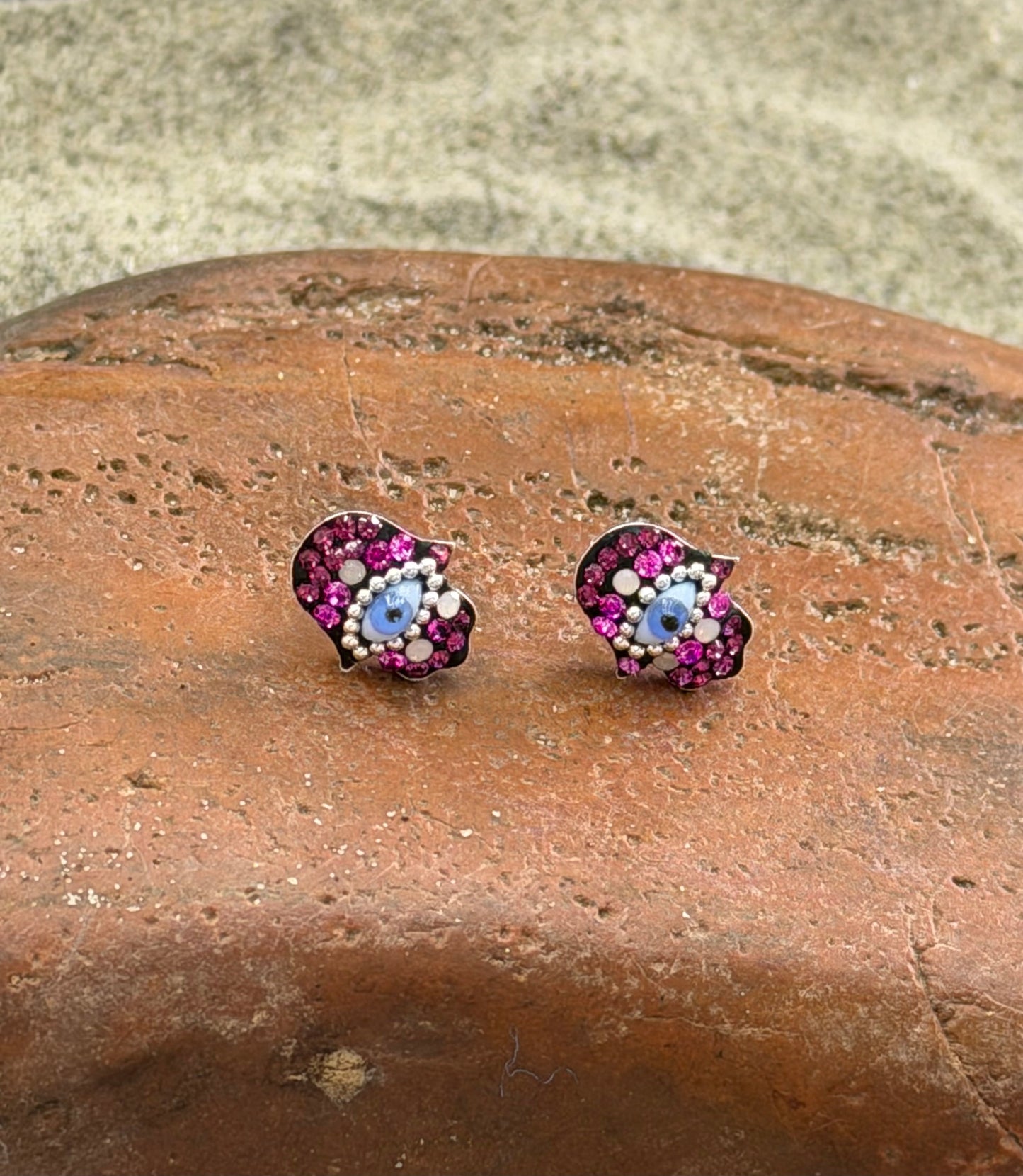 Hamsa Pink Evil Eye Sterling Silver Stud Earrings