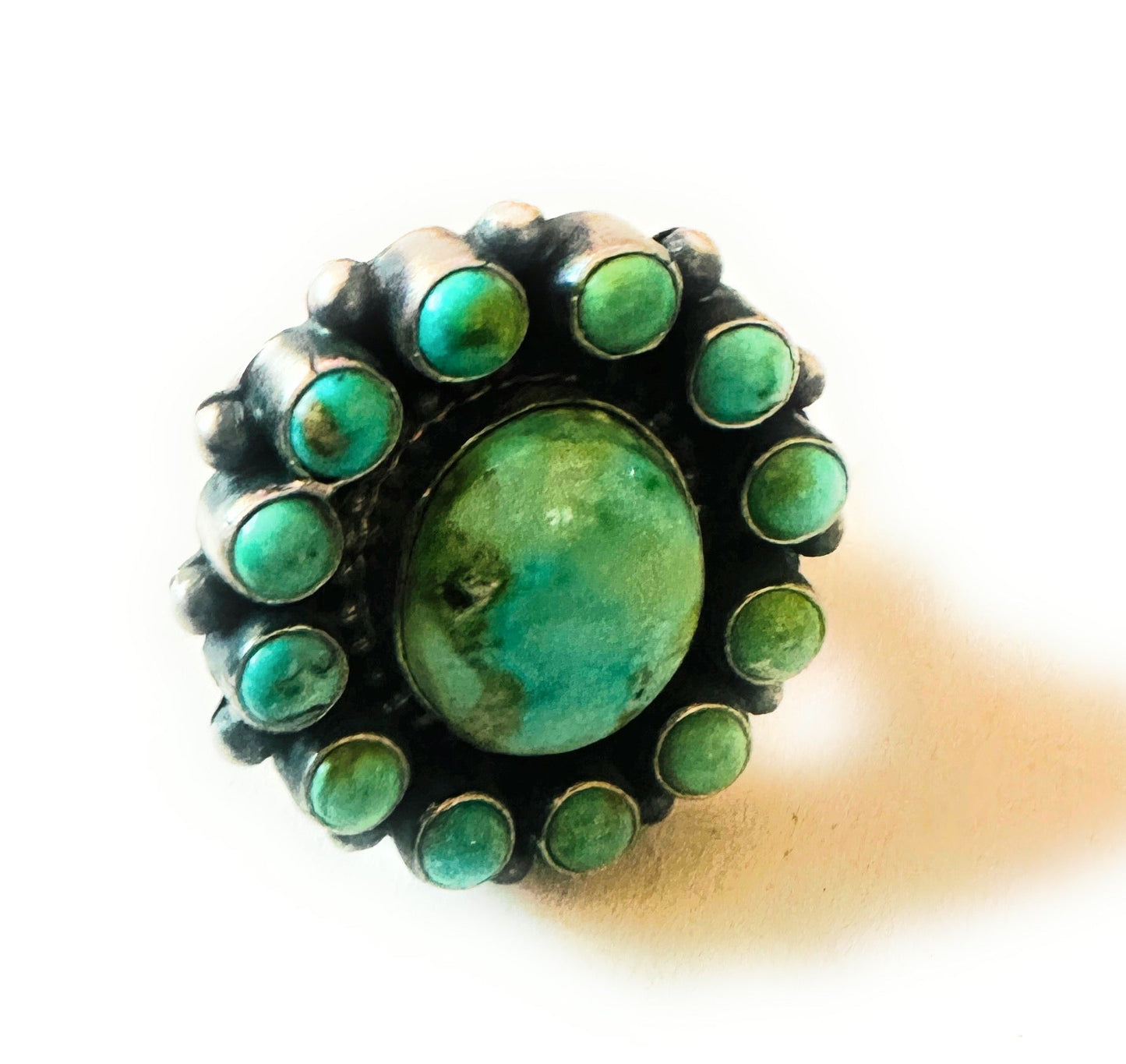 Handcrafted Turquoise & Sterling Silver Cluster Ring Size 8