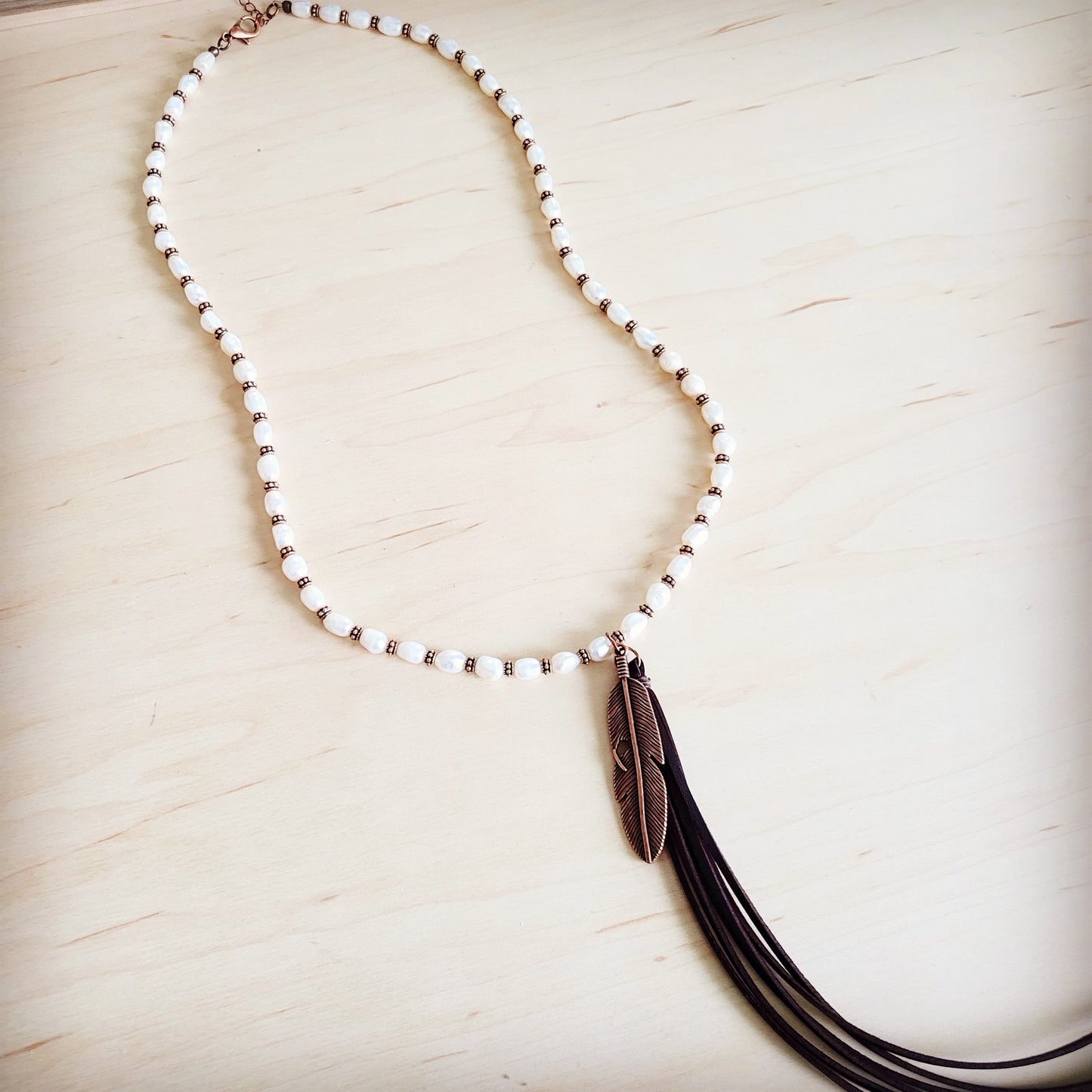 Long Freshwater Pearl & Copper Necklace w/ Feather Tassel Pendant 264b
