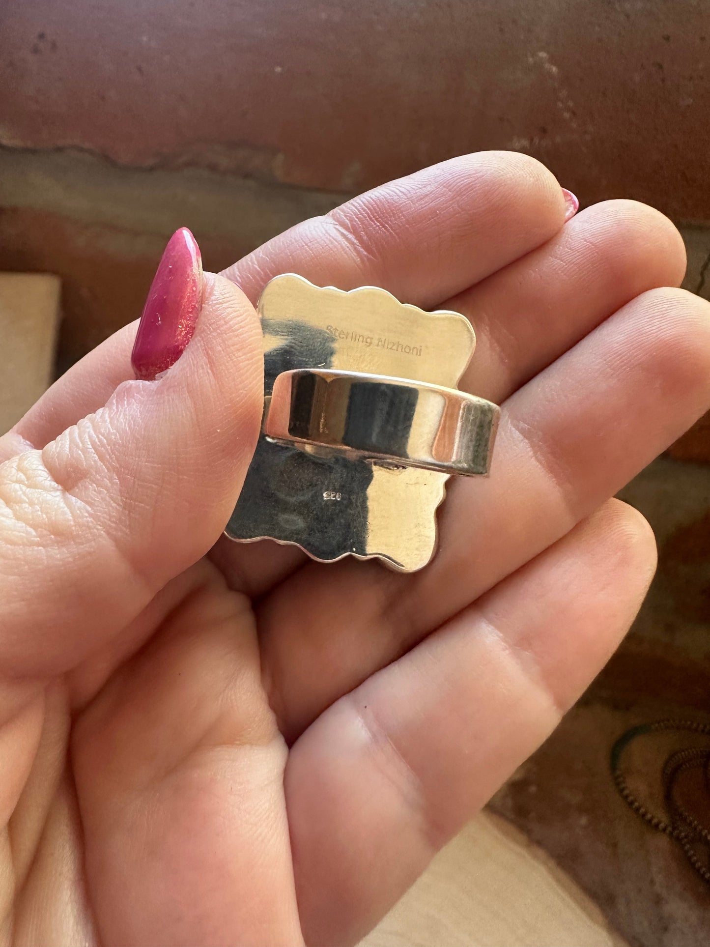 **4TH OF JULY** Handmade Coral, Lapis & Sterling Silver Adjustable Ring Signed Nizhoni