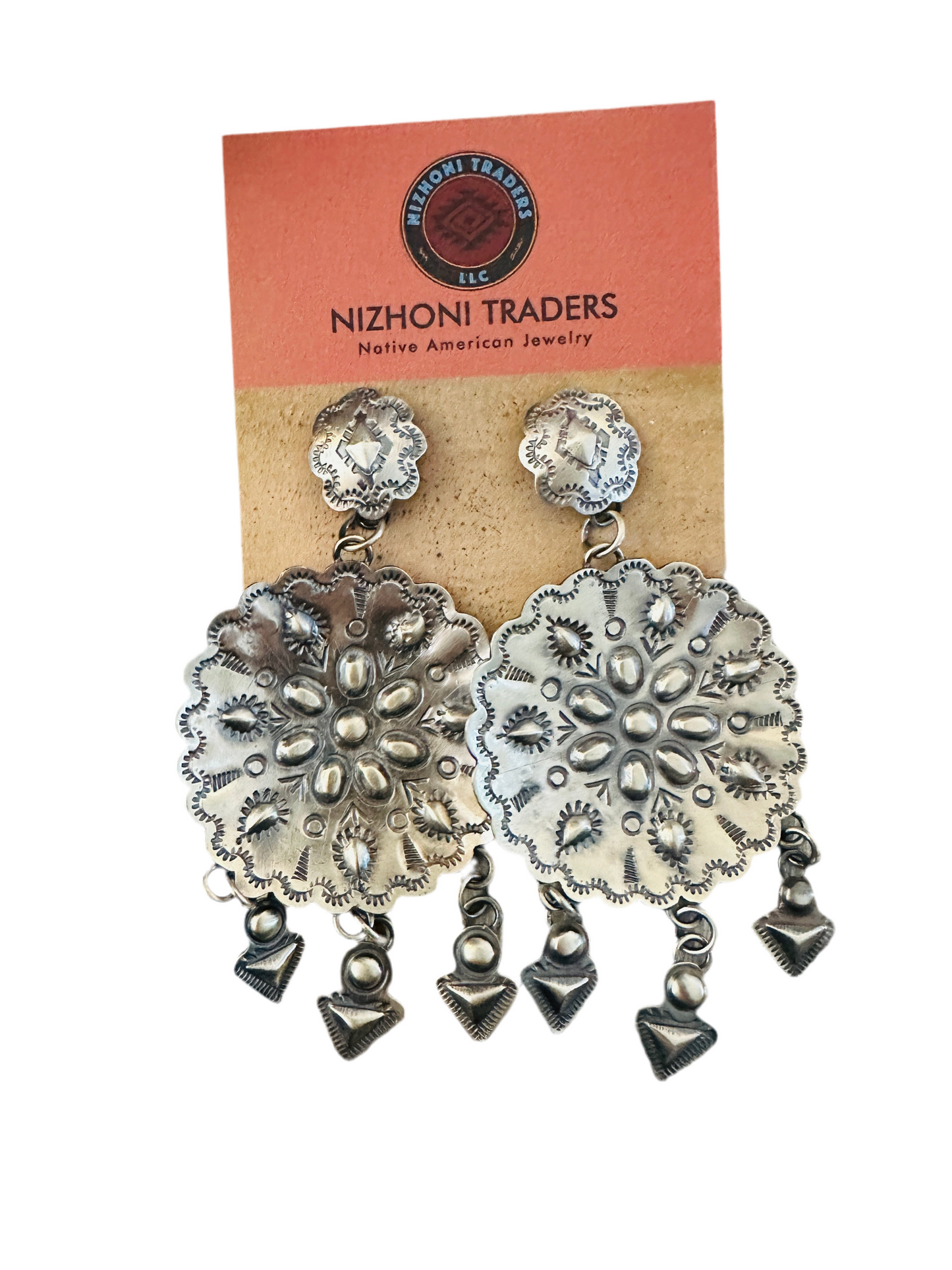 Handcrafted Hand Stamped Sterling Silver Concho Dangle Earrings