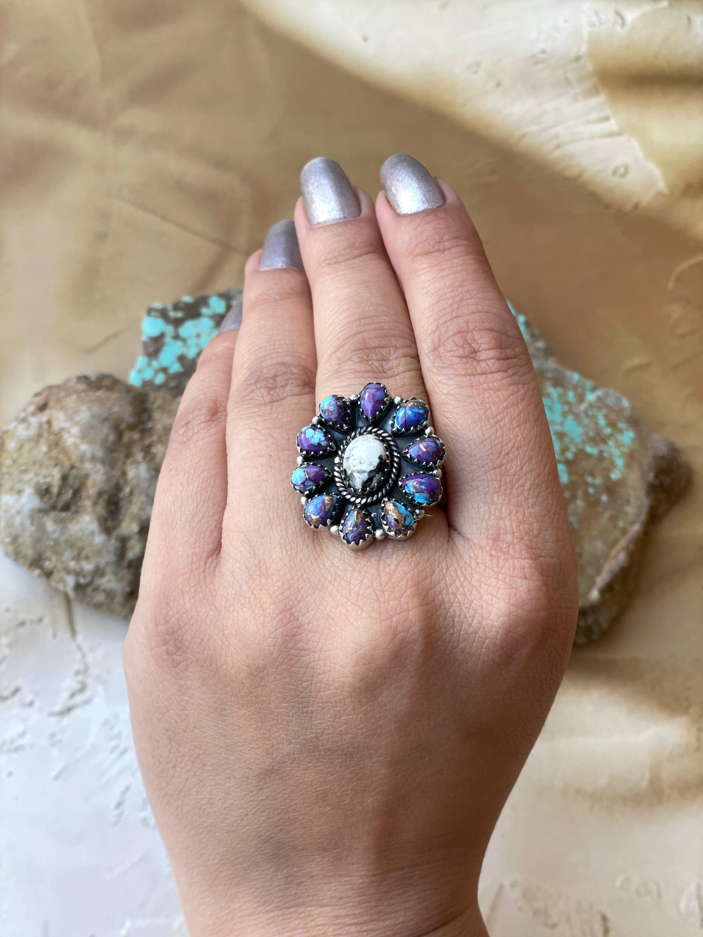 Beautiful Handmade Sterling Silver, White Buffalo & Purple Dream Mojave Adjustable Cluster Ring