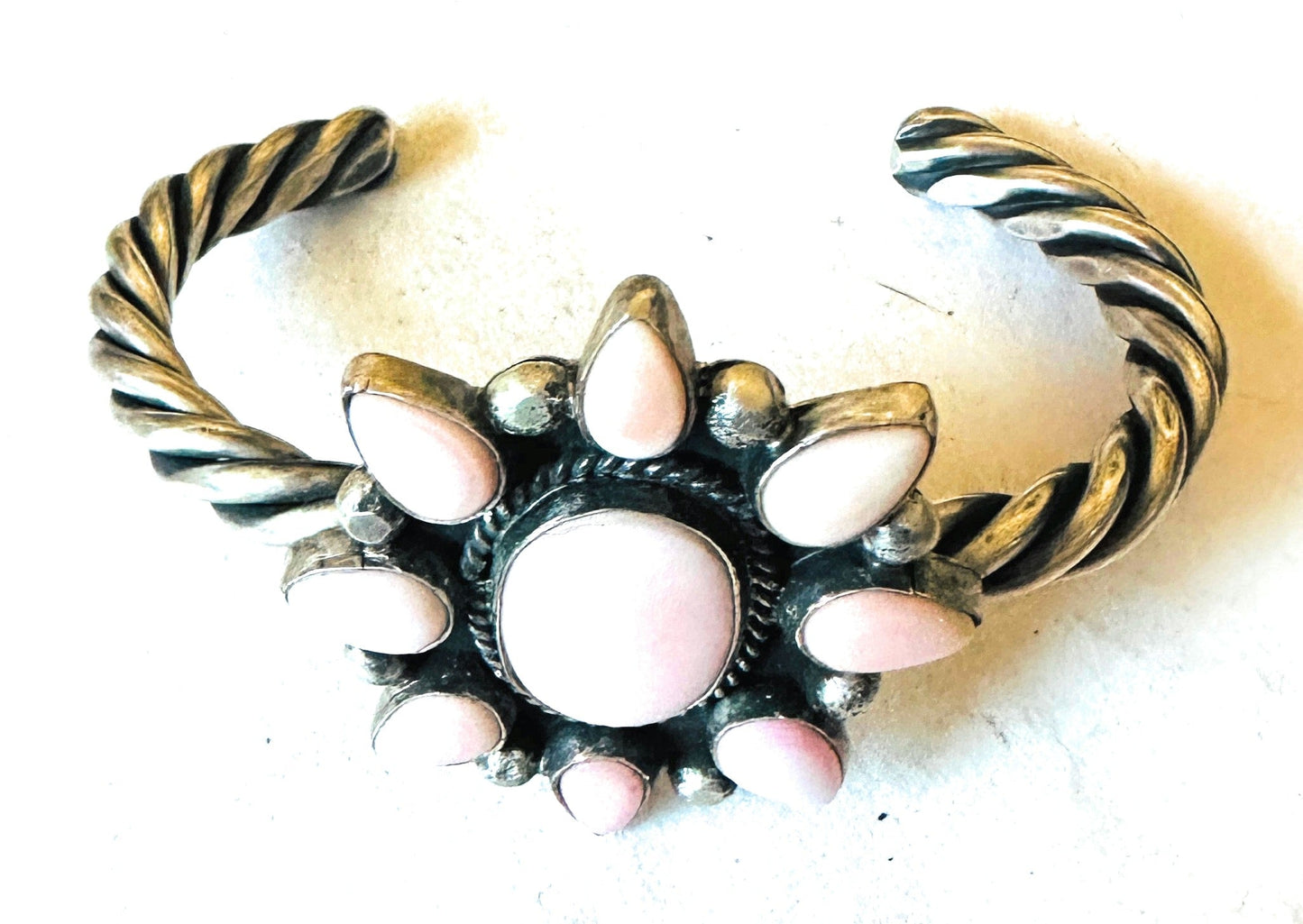 Handcrafted Queen Pink Conch Shell & Sterling Silver Cluster Cuff Bracelet