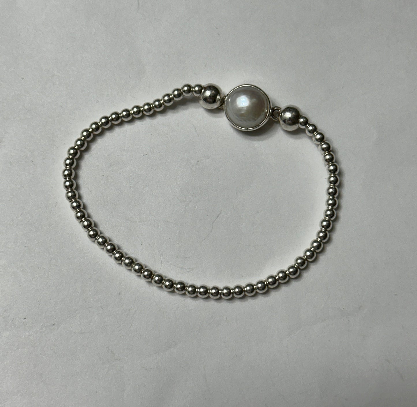 Beaded Stretch Sterling Silver Bracelet w/ Pearl Center