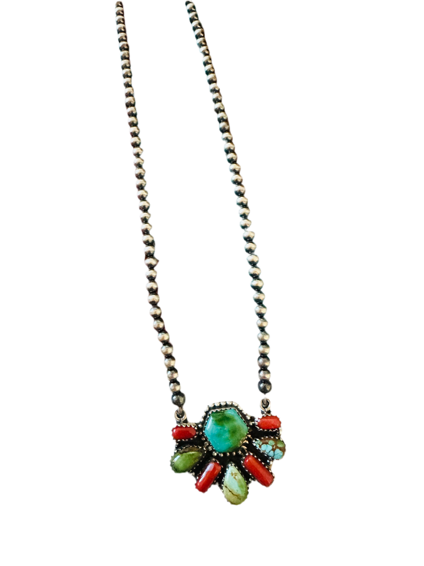 ** Christmas Collection ** Handmade Sterling Silver, Turquoise & Coral Necklace Signed Nizhoni