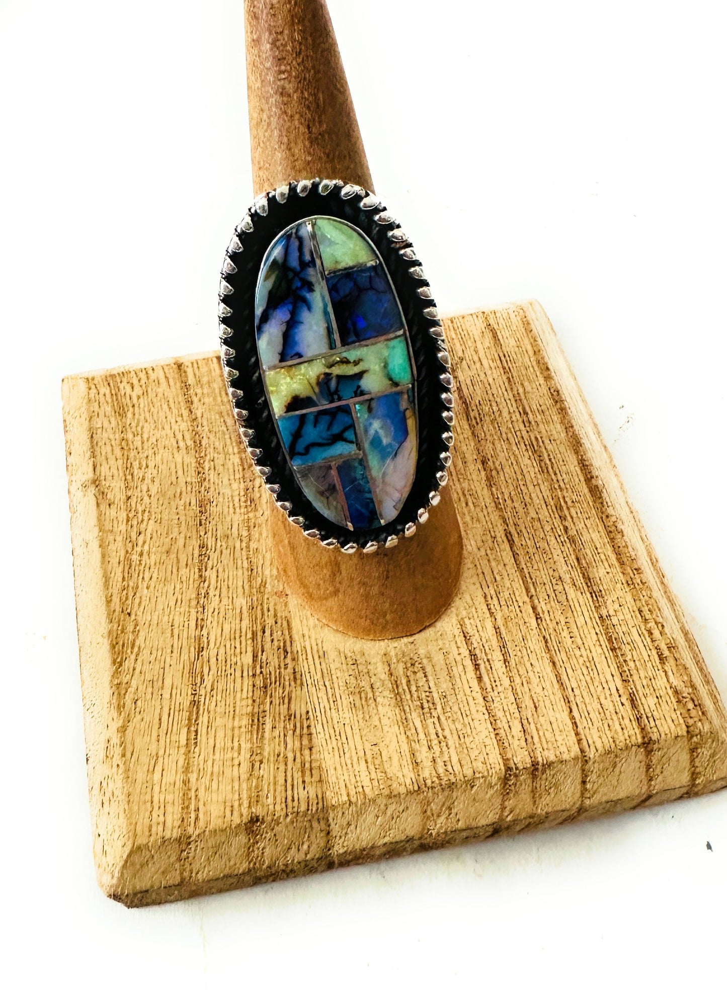 Handcrafted Opal & Sterling Silver Inlay Ring Size 6