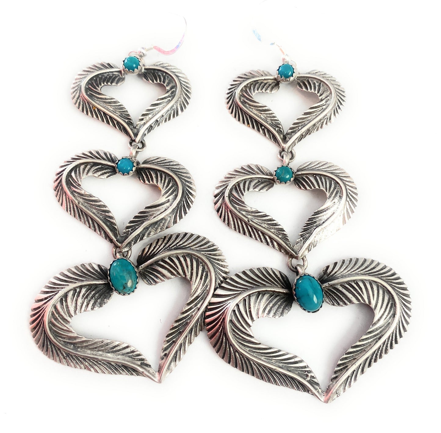 Handcrafted Turquoise & Sterling Silver Feather Heart Dangle Earrings