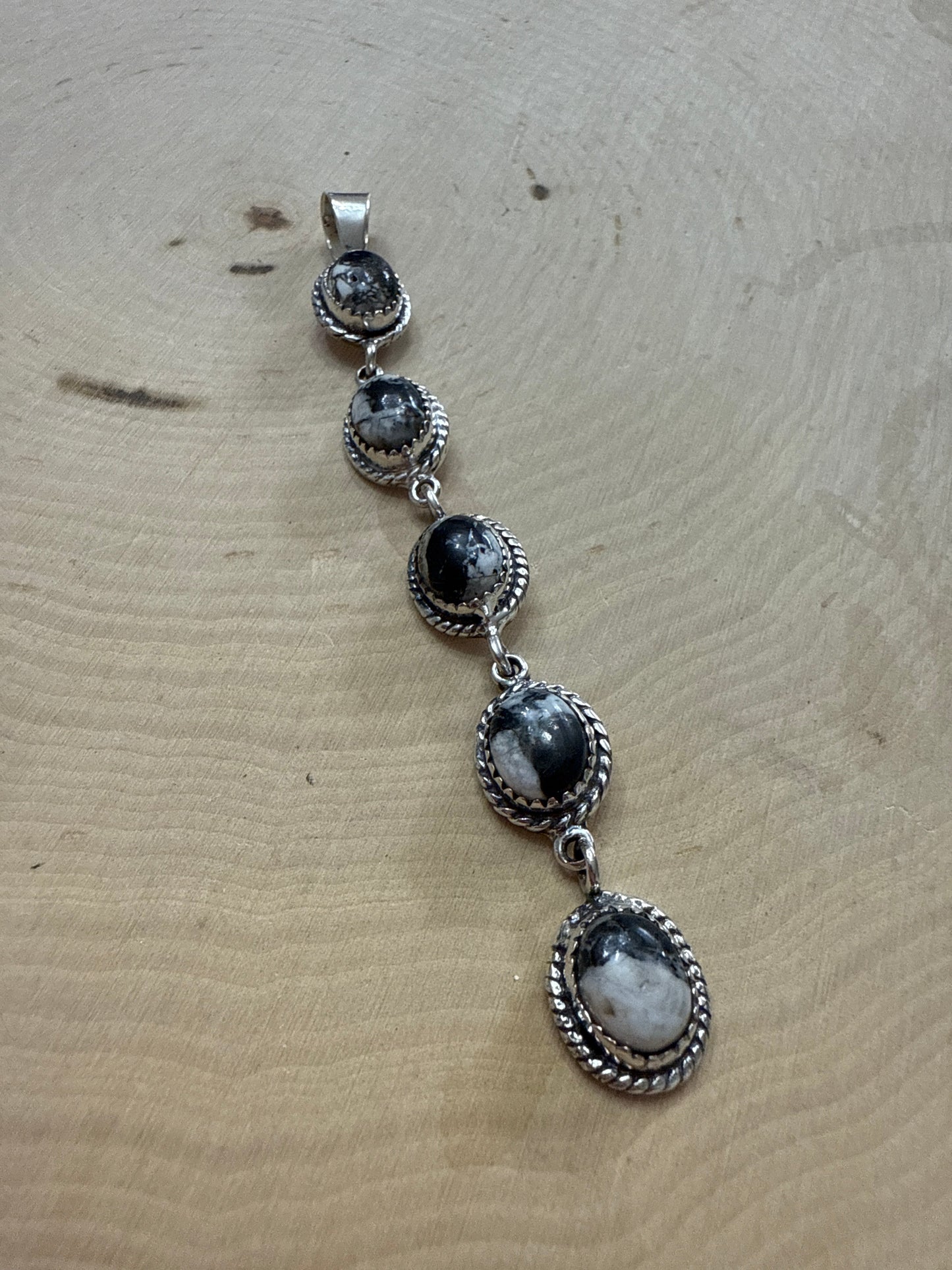 Handmade White Buffalo & Sterling Silver 5 Stone Pendant Signed Nizhoni