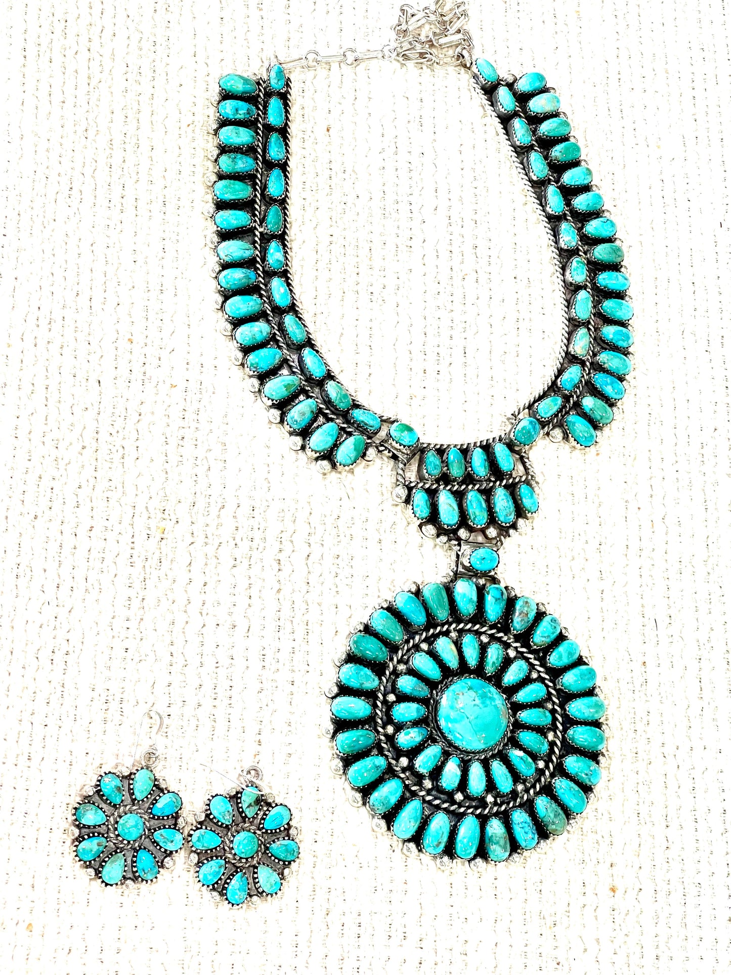 Beautiful Handmade Sterling Silver & Turquoise Cluster Necklace And Earring Set