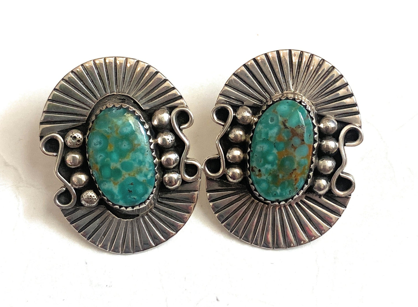 Handcrafted Sterling Silver & Royston Turquoise Post Earrings Signed