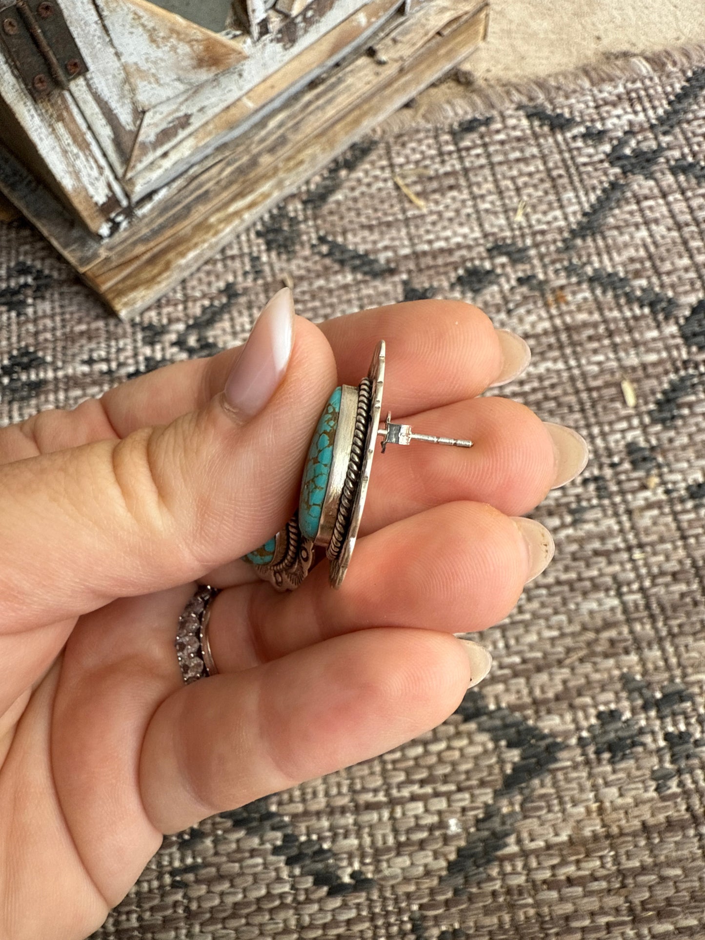 Handmade v Number 8 Turquoise and Sterling Silver Post Earrings