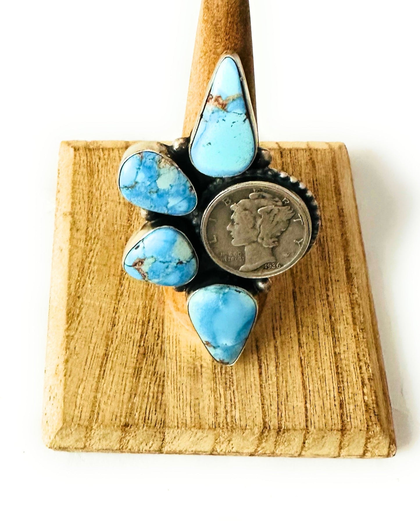 Handcrafted Golden Hills Turquoise & Sterling Silver Liberty Dime Ring Size 7.5