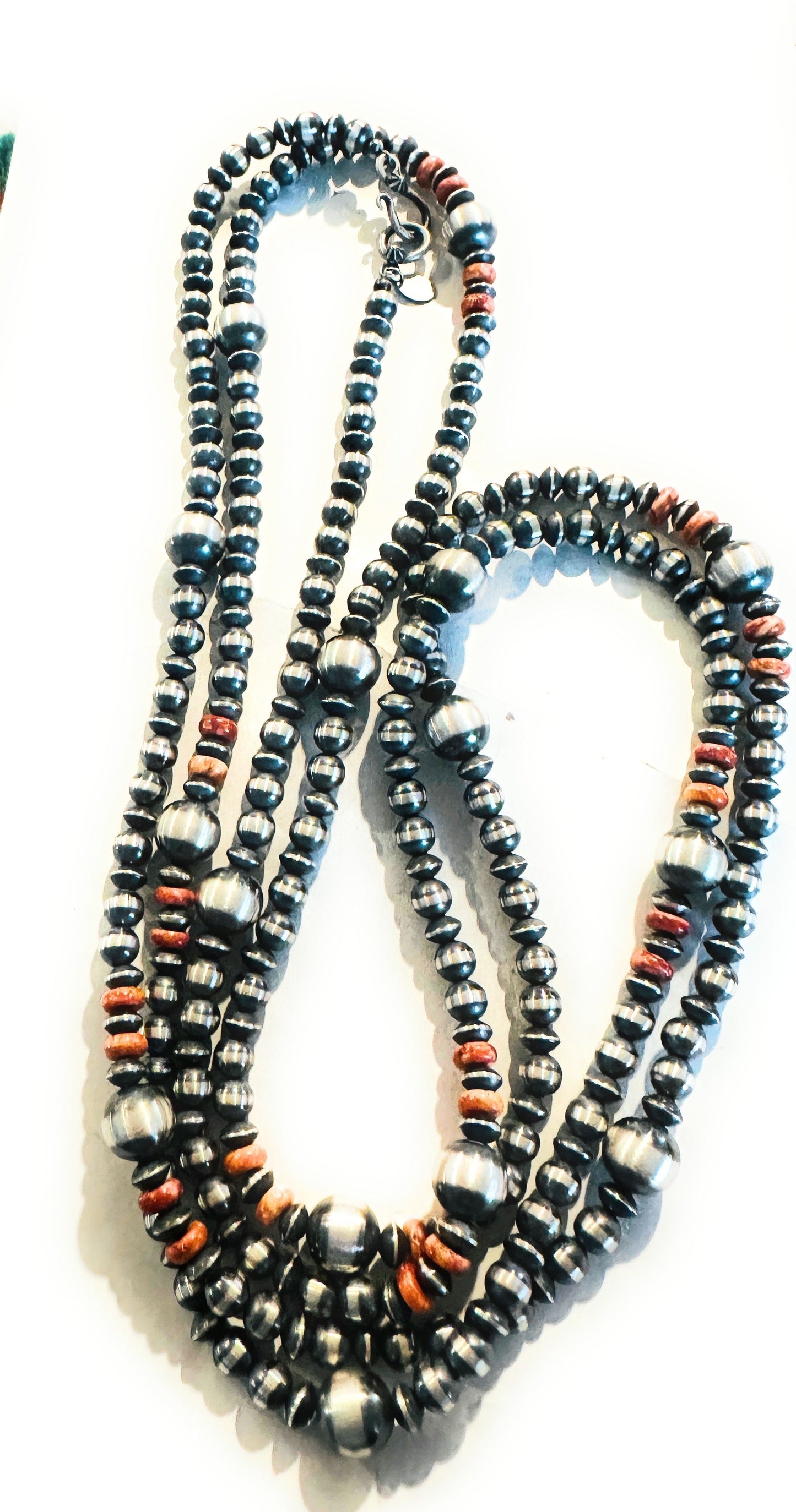 Handcrafted Orange Spiny & Sterling Silver Beaded Necklace 60”