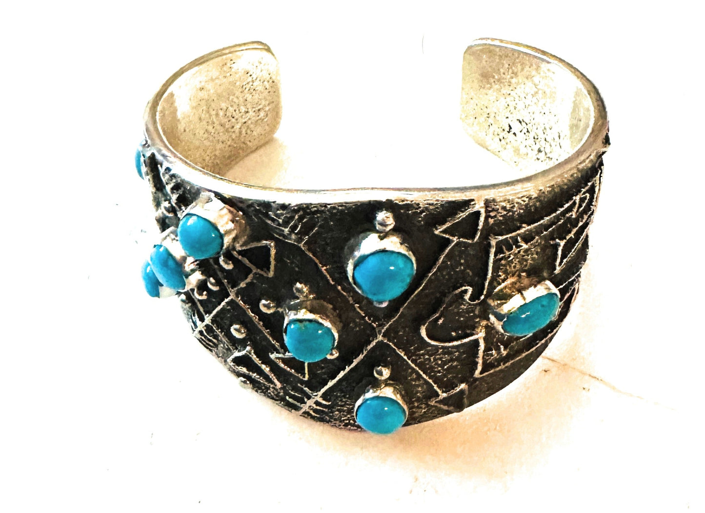 Handcrafted Turquoise & Sterling Silver Thunderbird Tufa Cast Cuff Bracelet by Delbert Arviso /