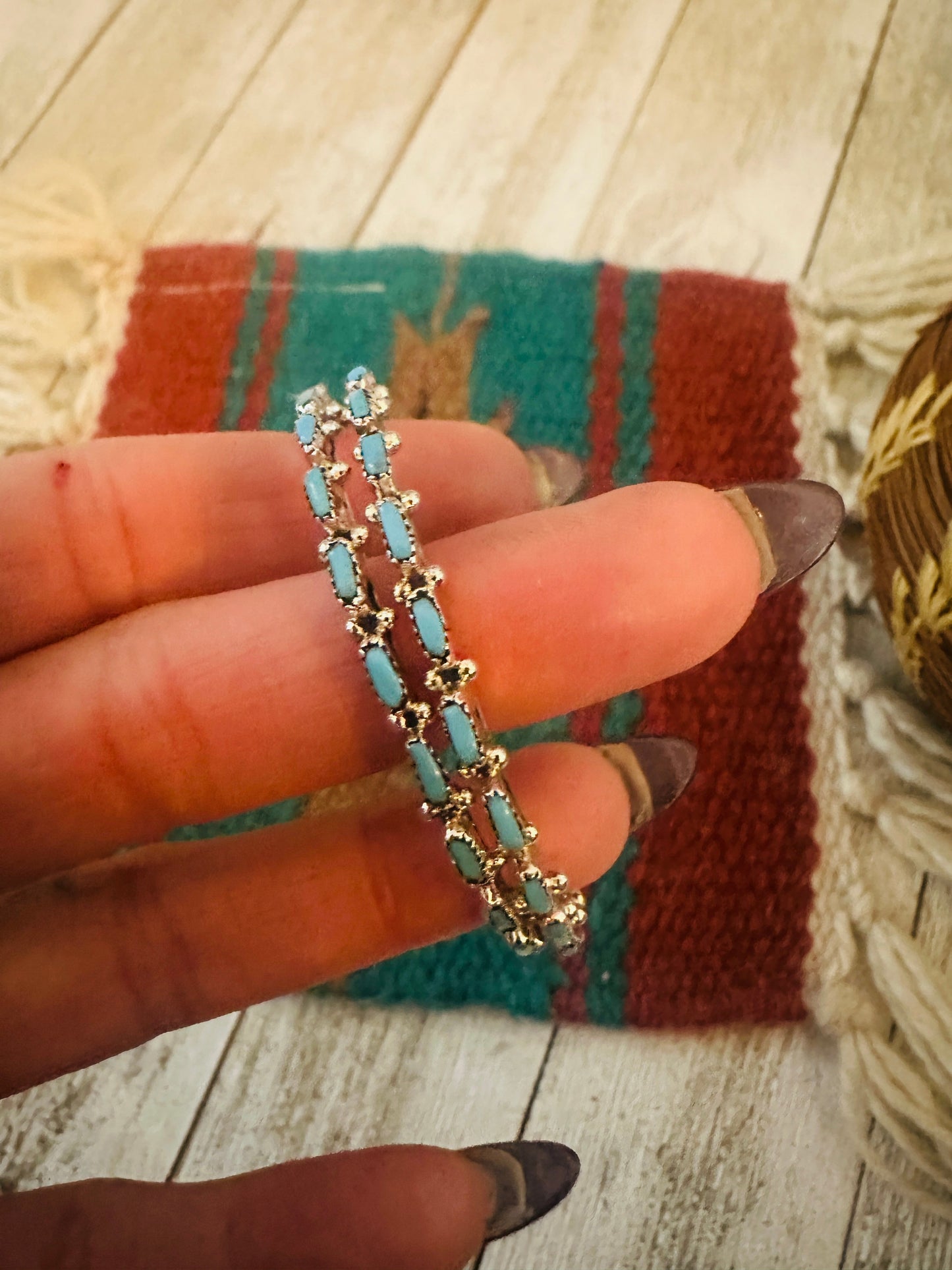 Handcrafted Turquoise & Sterling Silver Needlepoint Hoop Earrings Leslies fav