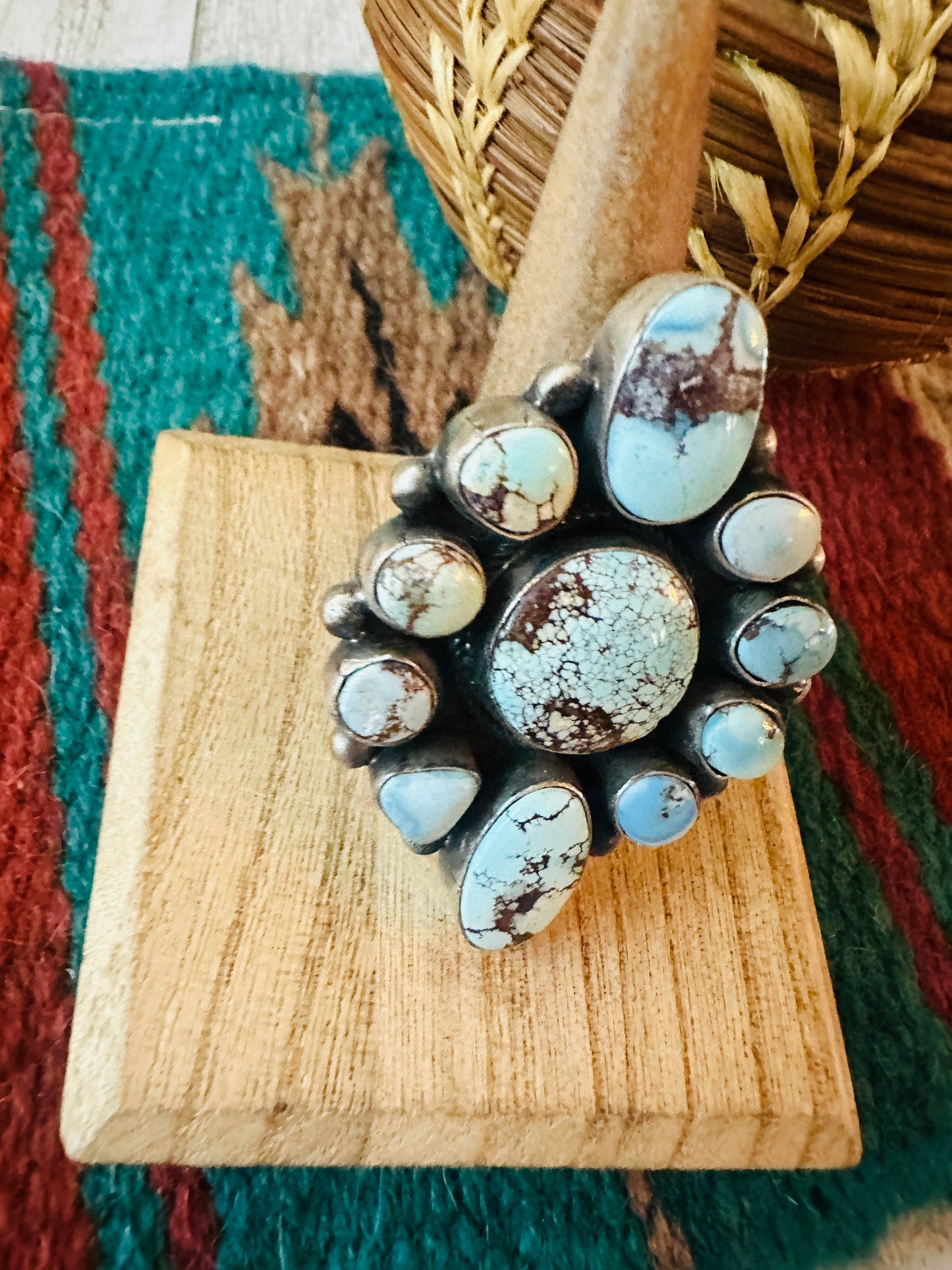 Navajo Golden Hills Turquoise & Sterling Silver Cluster Ring Size 7