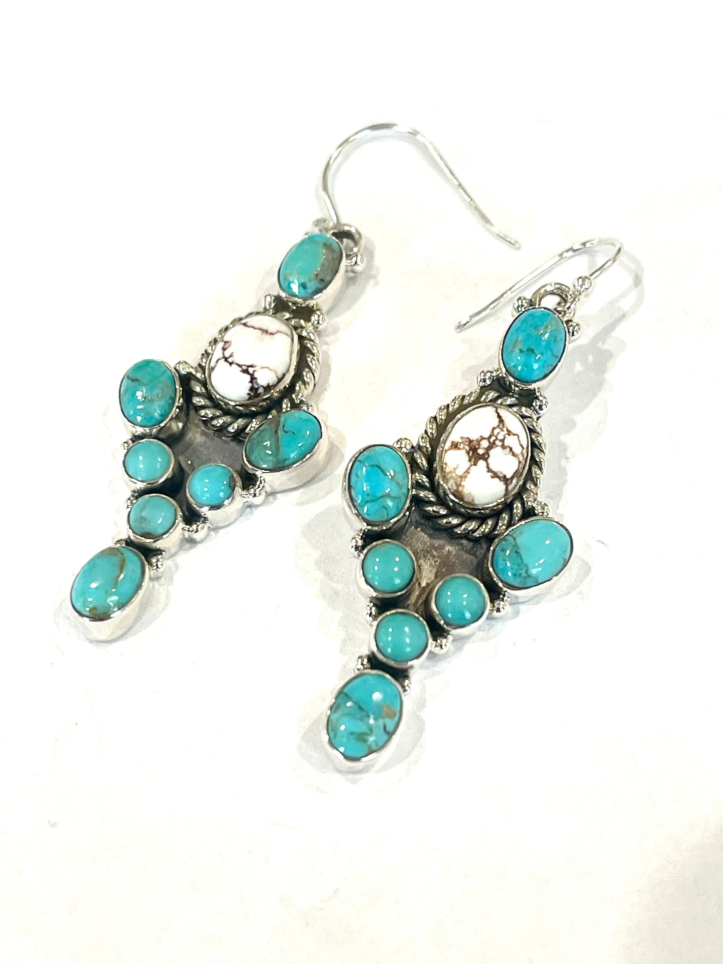 Handmade Turquoise, Wild Horse And Sterling Silver Cluster Dangle Earrings
