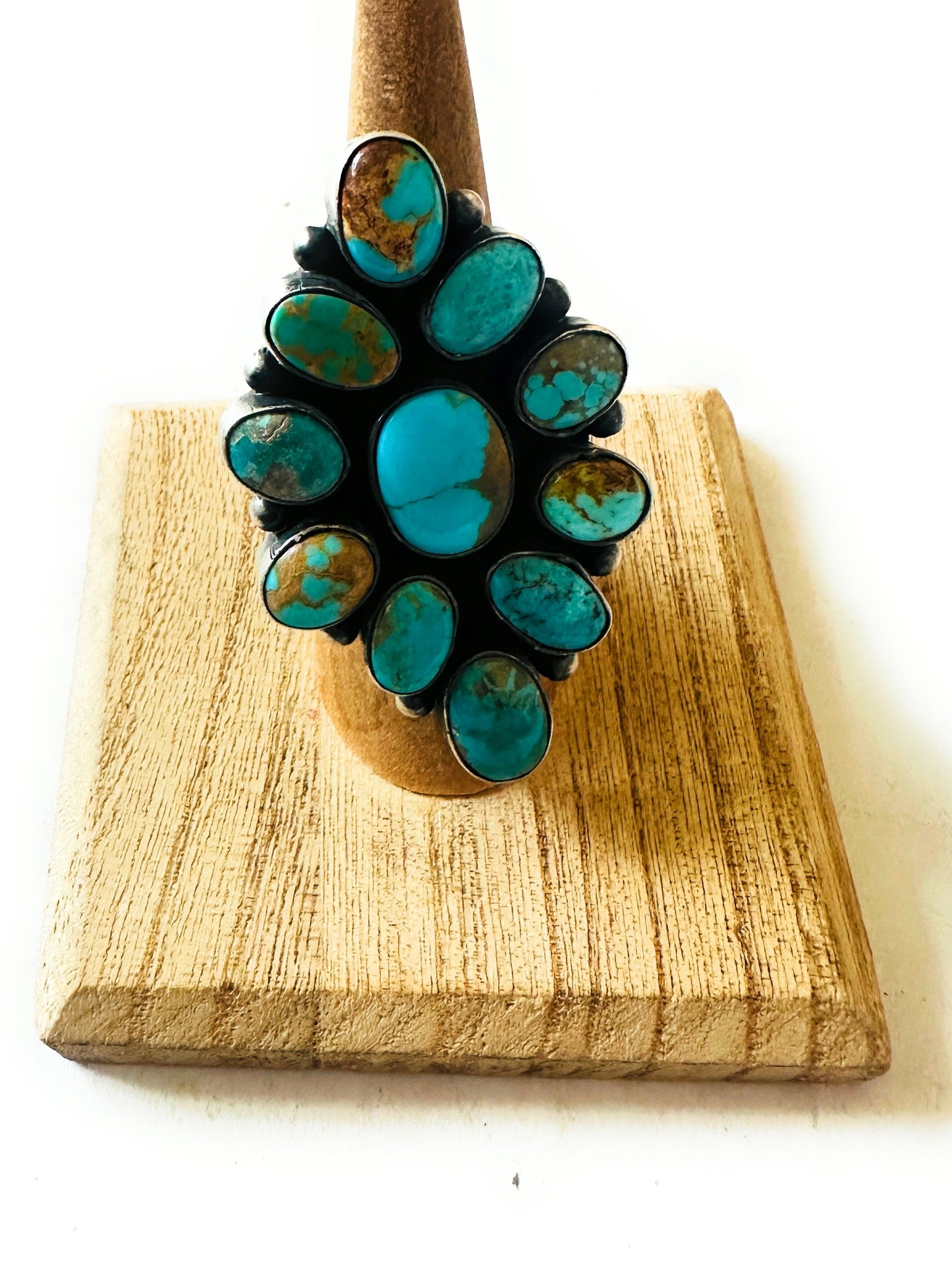 Handcrafted Turquoise & Sterling Silver Cluster Ring Size 6.5