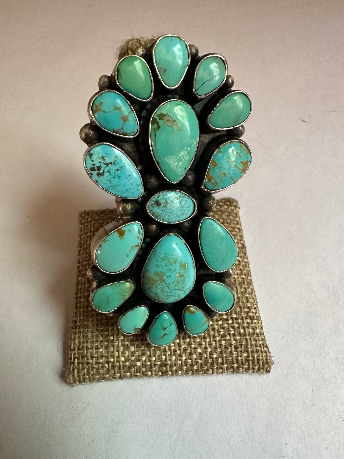 Handcrafted Turquoise & Sterling Silver Adjustable Ring Signed Sheila