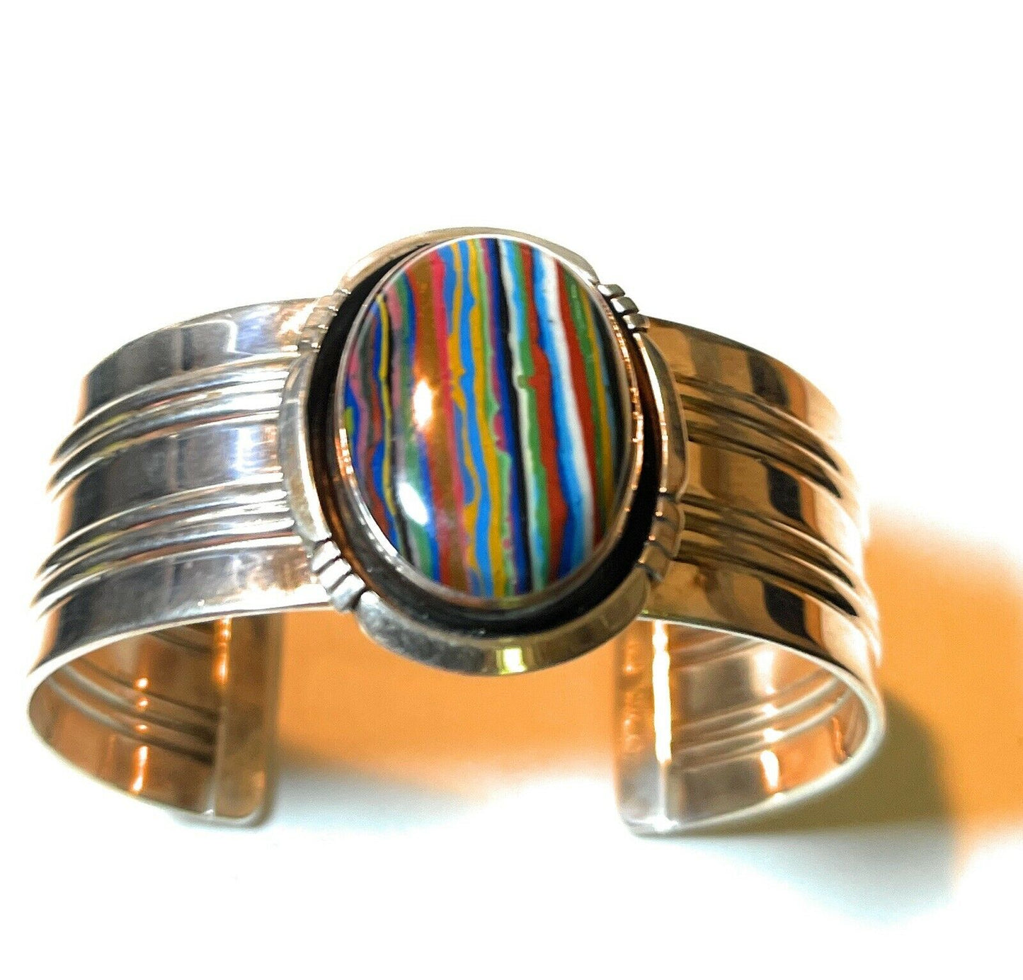Handcrafted Sterling Silver & Rainbow Stone Signed Cuff Bracelet