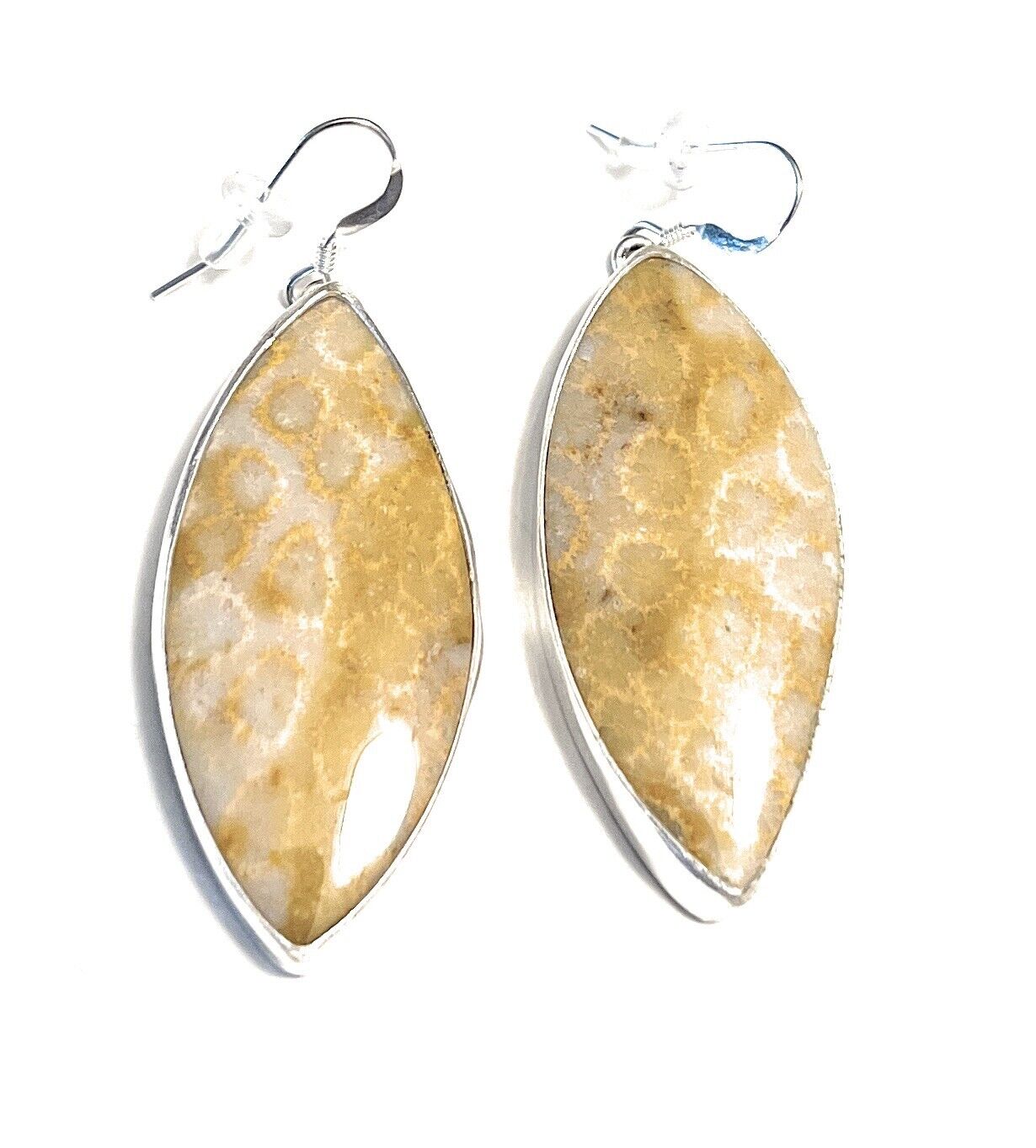 Handcrafted Fossilized Coral & Sterling Silver Dangle Earrings Signed