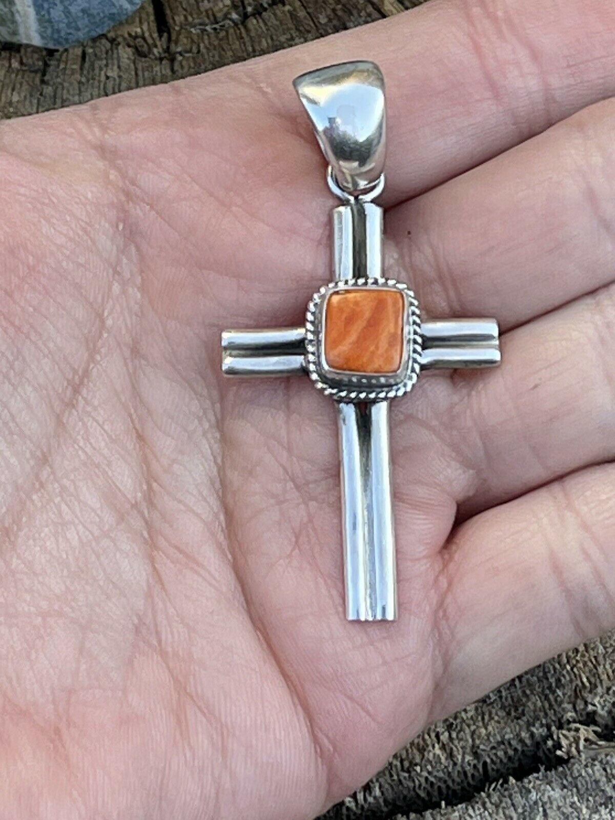 Navajo Sterling Silver & Orange Spiny Shell Cross Pendant Signed