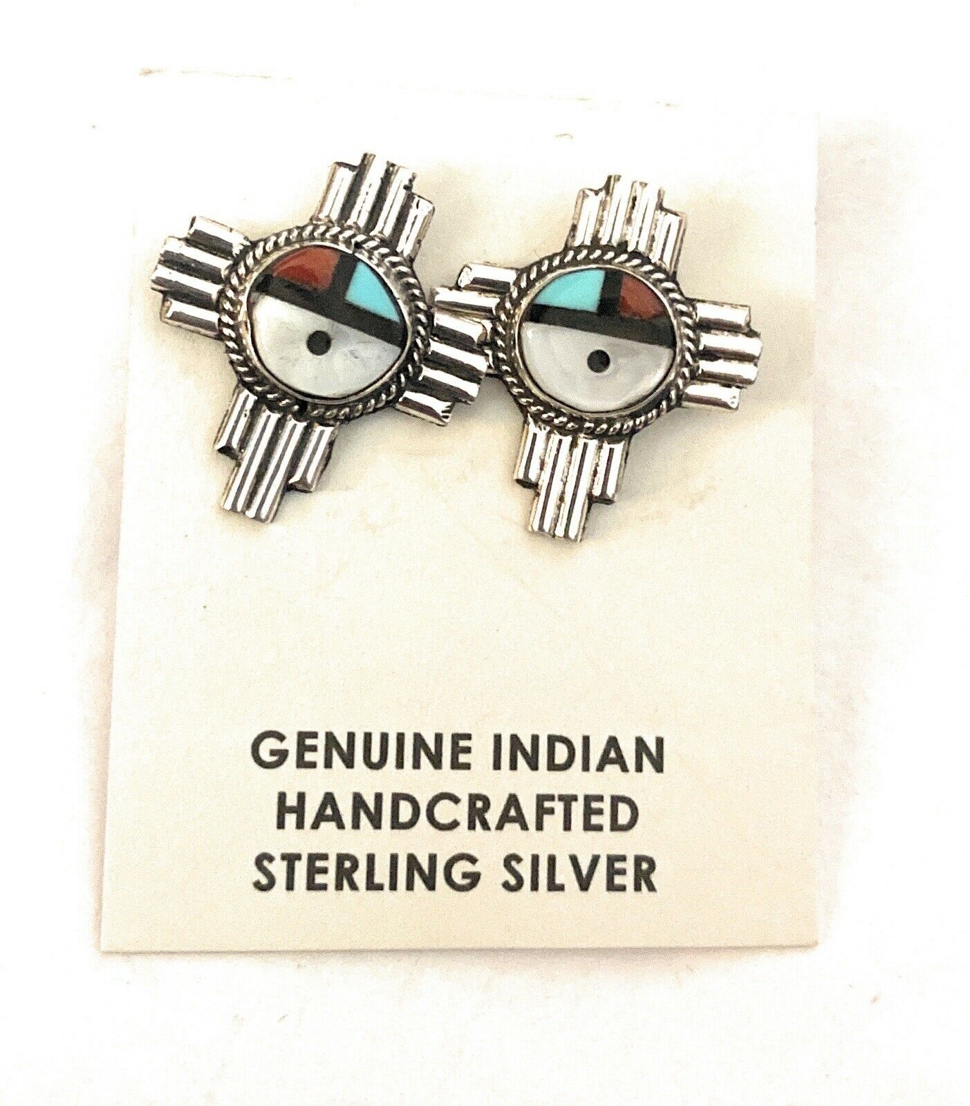 Handcrafted Sun Face Multi Stone And Sterling Cross Stud Earrings