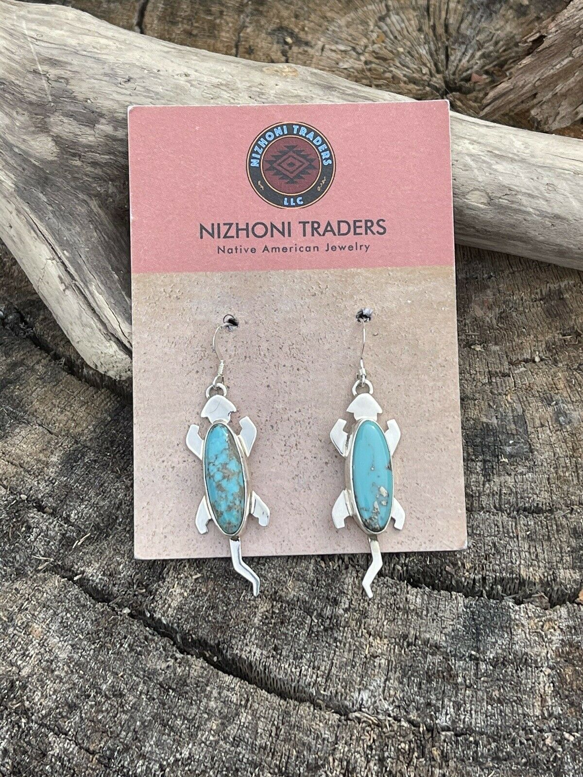 Navajo Sterling Silver Turquoise Stone Gecko Dangle Earrings Signed