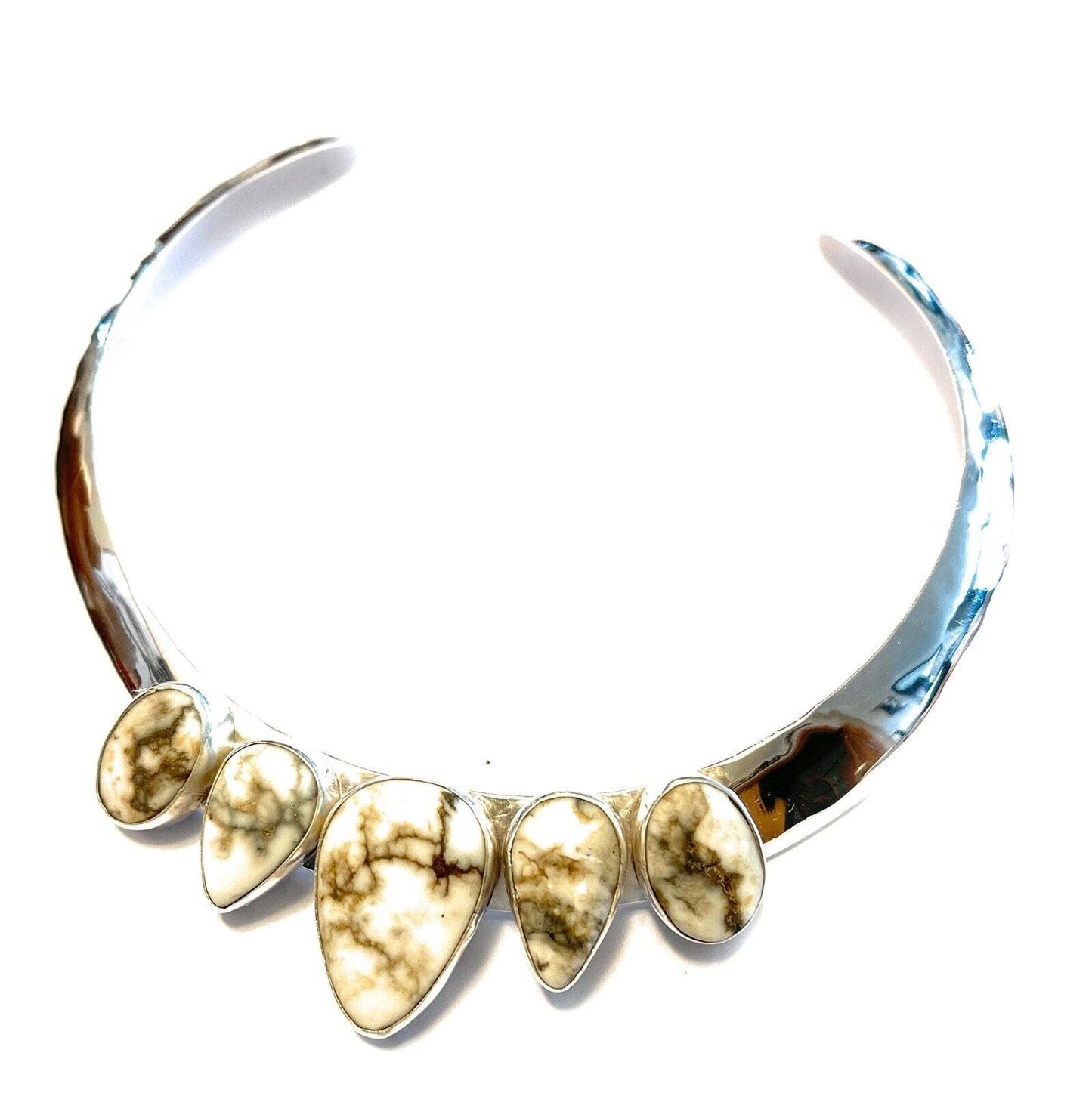 Navajo Sterling Silver White Buffalo 5 Stone Choker Necklace Signed