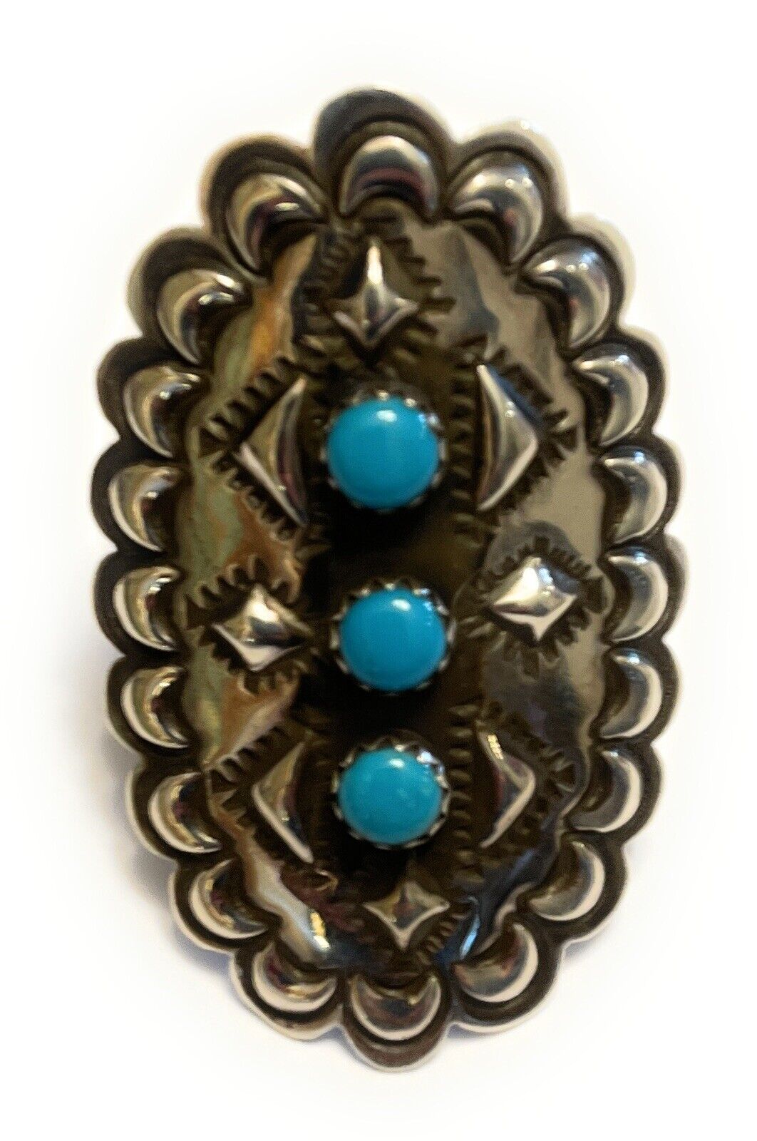 Handcrafted 3 Stone Turquoise & Sterling Silver Concho Ring Adjustable Signed L.Tahe