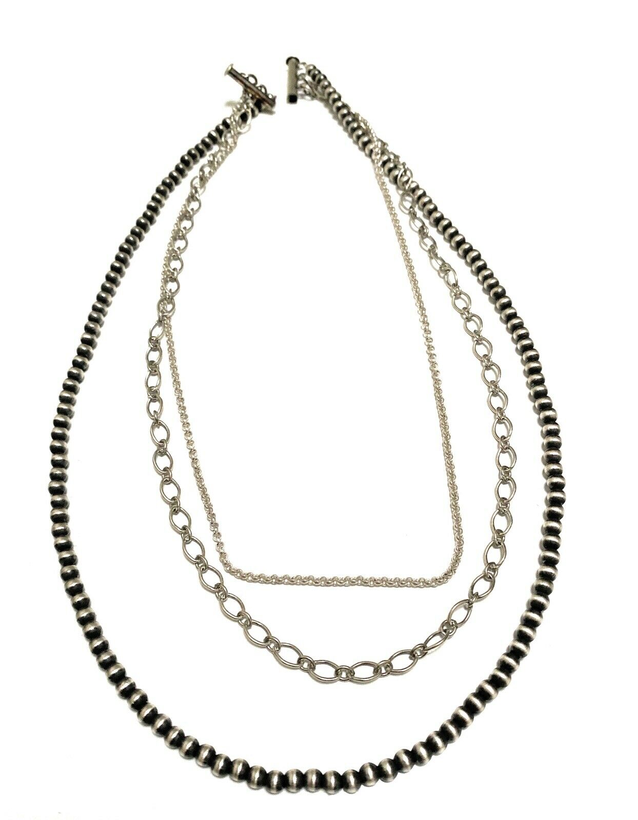 Handcrafted 3 Strand Sterling Silver Handcrafted Pearl & Chain Necklace 16-20 Inches