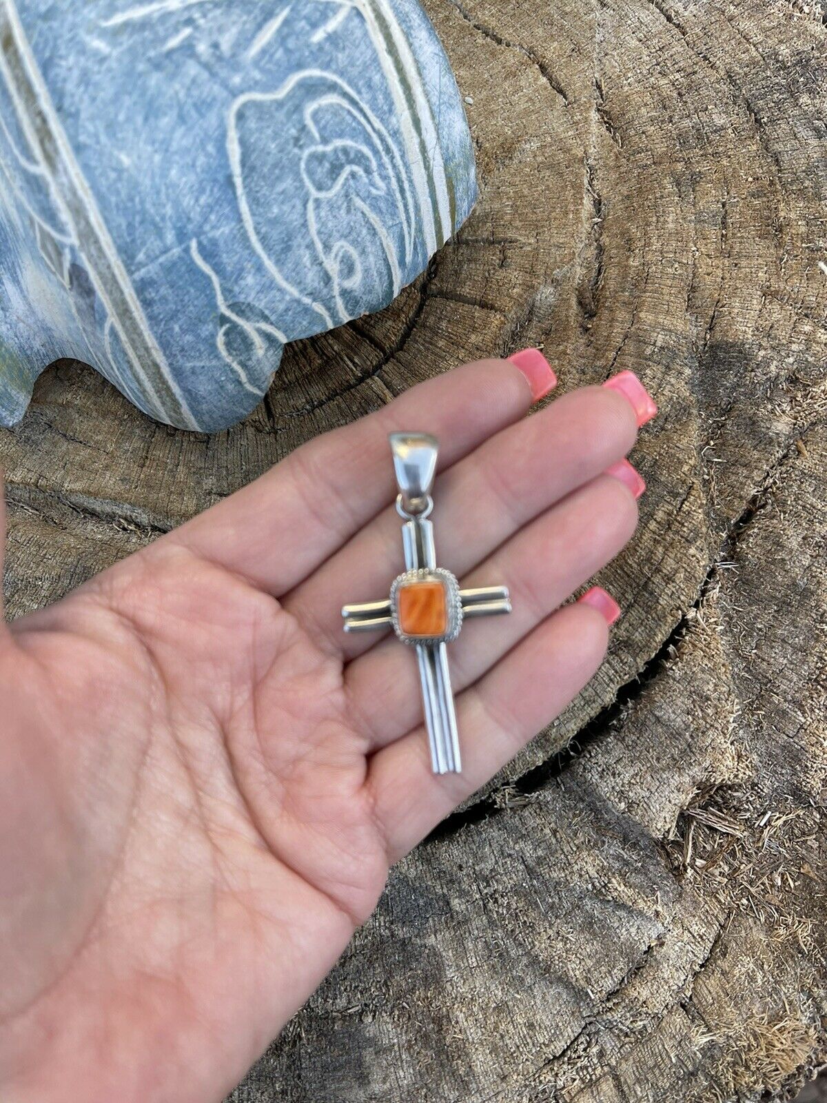 Navajo Sterling Silver & Orange Spiny Shell Cross Pendant Signed