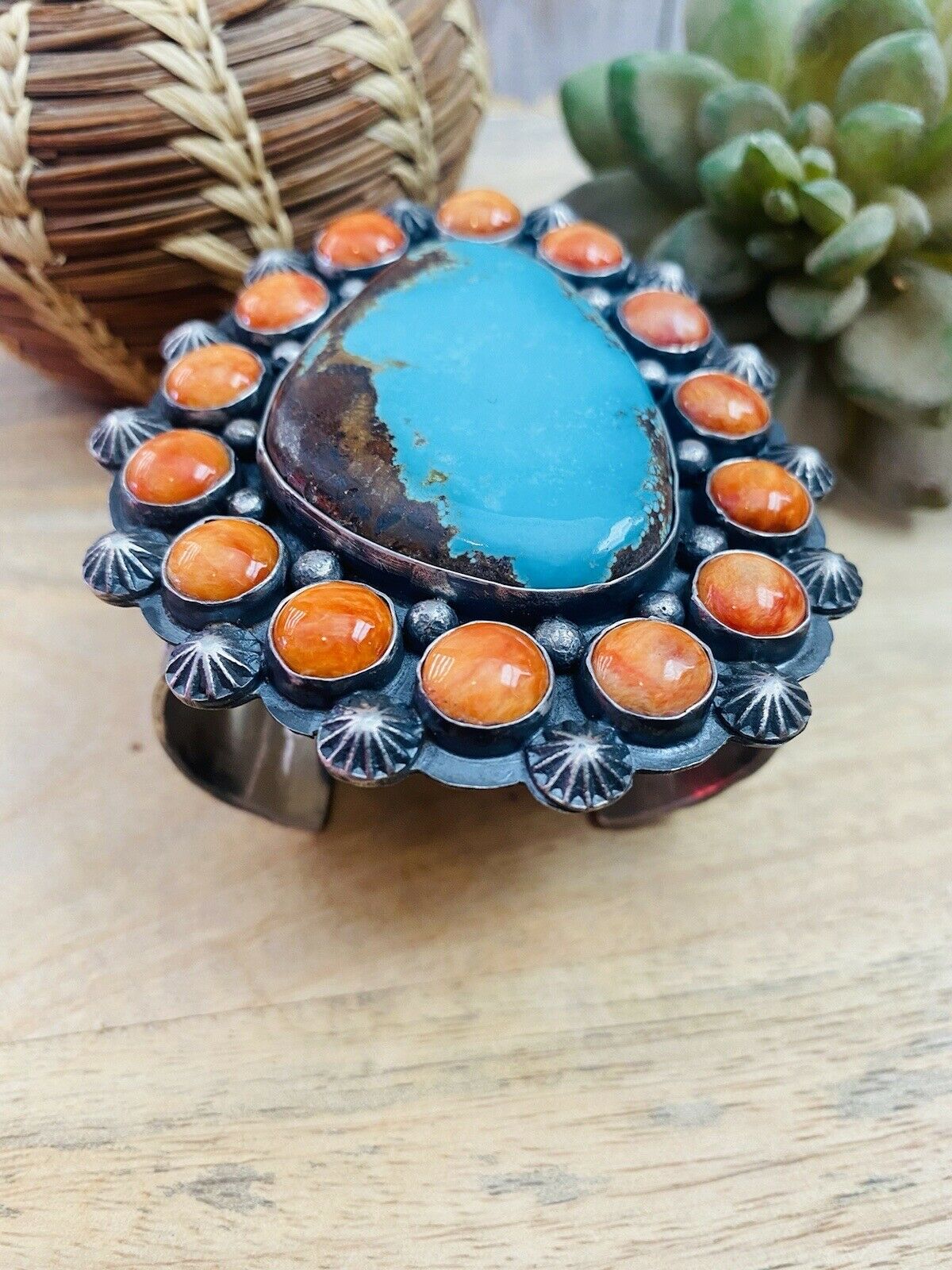 Navajo Orange Spiny, Turquoise & Sterling Silver Cuff Bracelet Signed