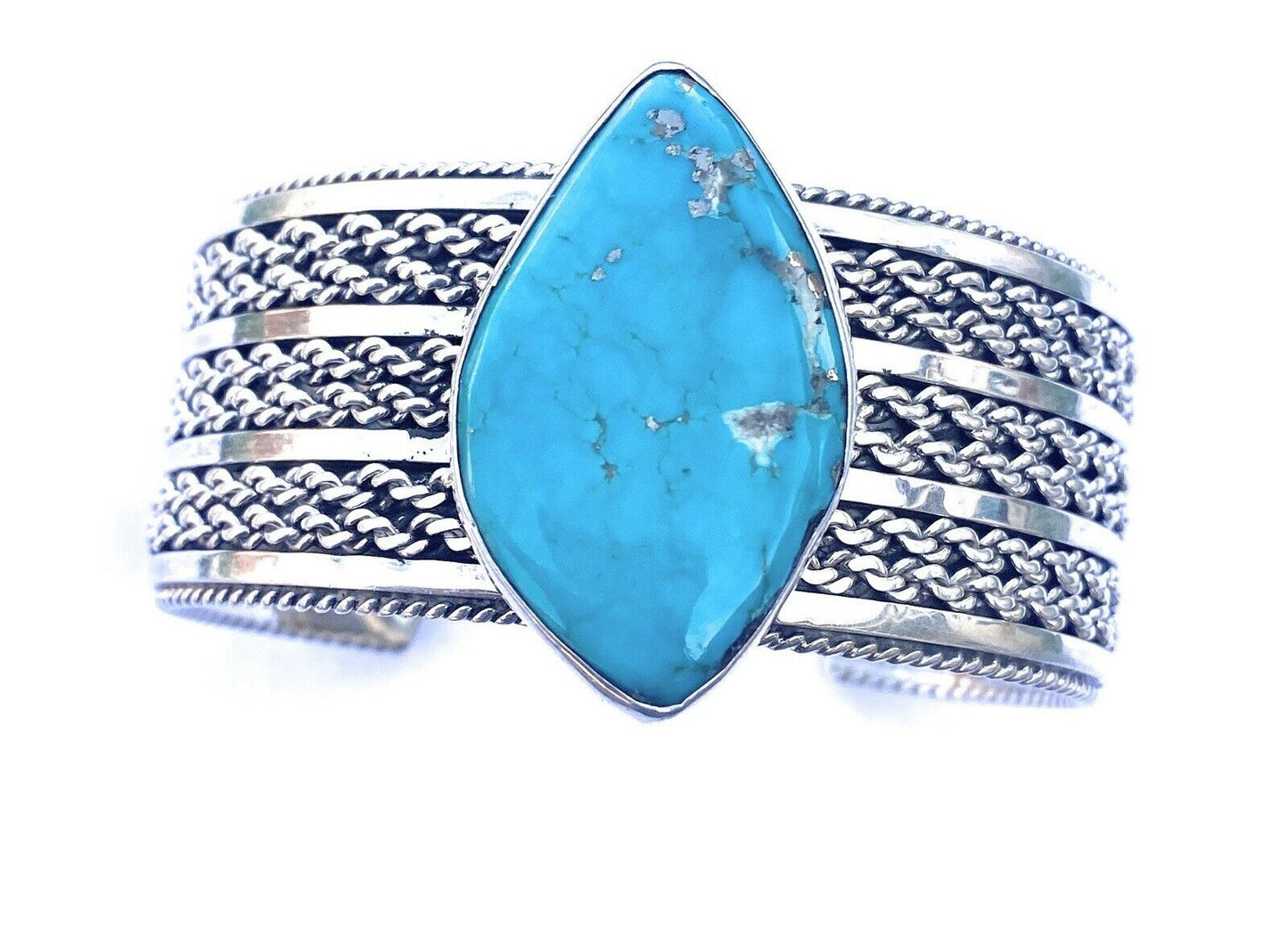 Navajo Hand Stamped Sterling Silver & Royston Turquoise Cuff Bracelet Signed