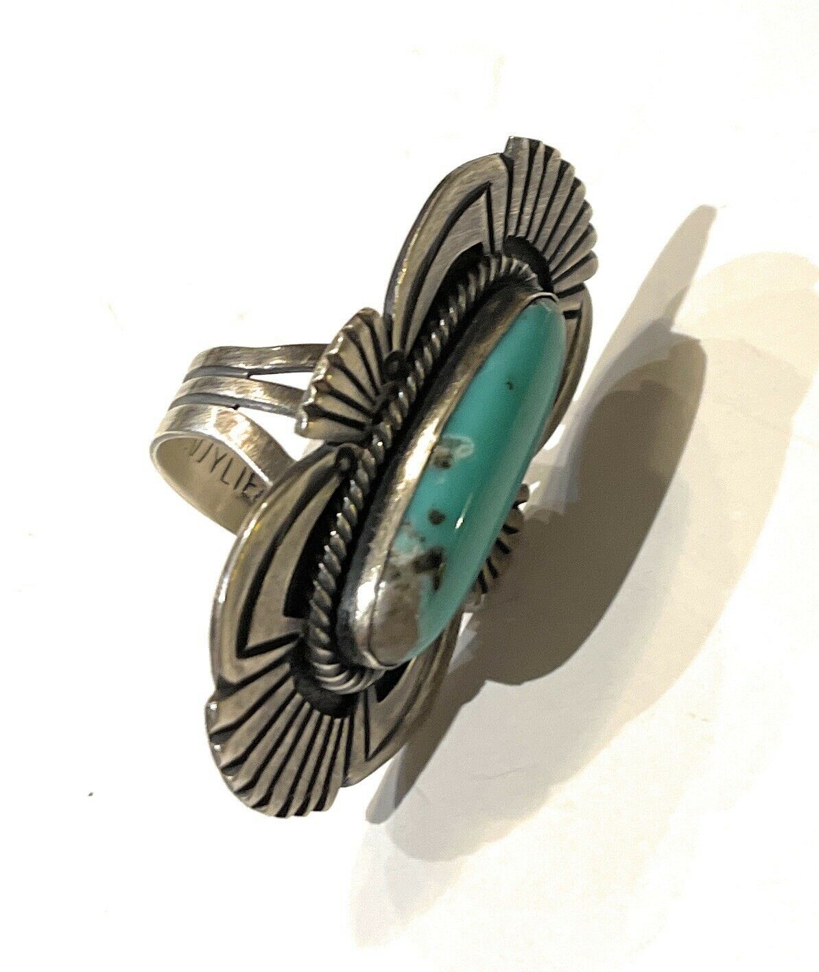 Handcrafted Turquoise & Sterling Silver Handcrafted Deco Ring Size 7.5
