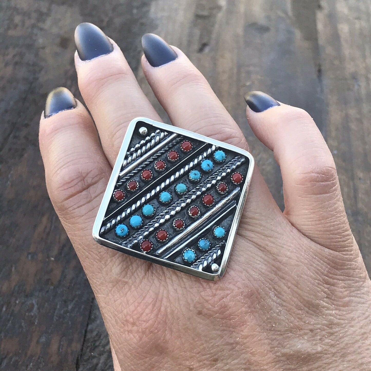 Navajo Multi Stone & Sterling Silver Statement Ring Size 7.5