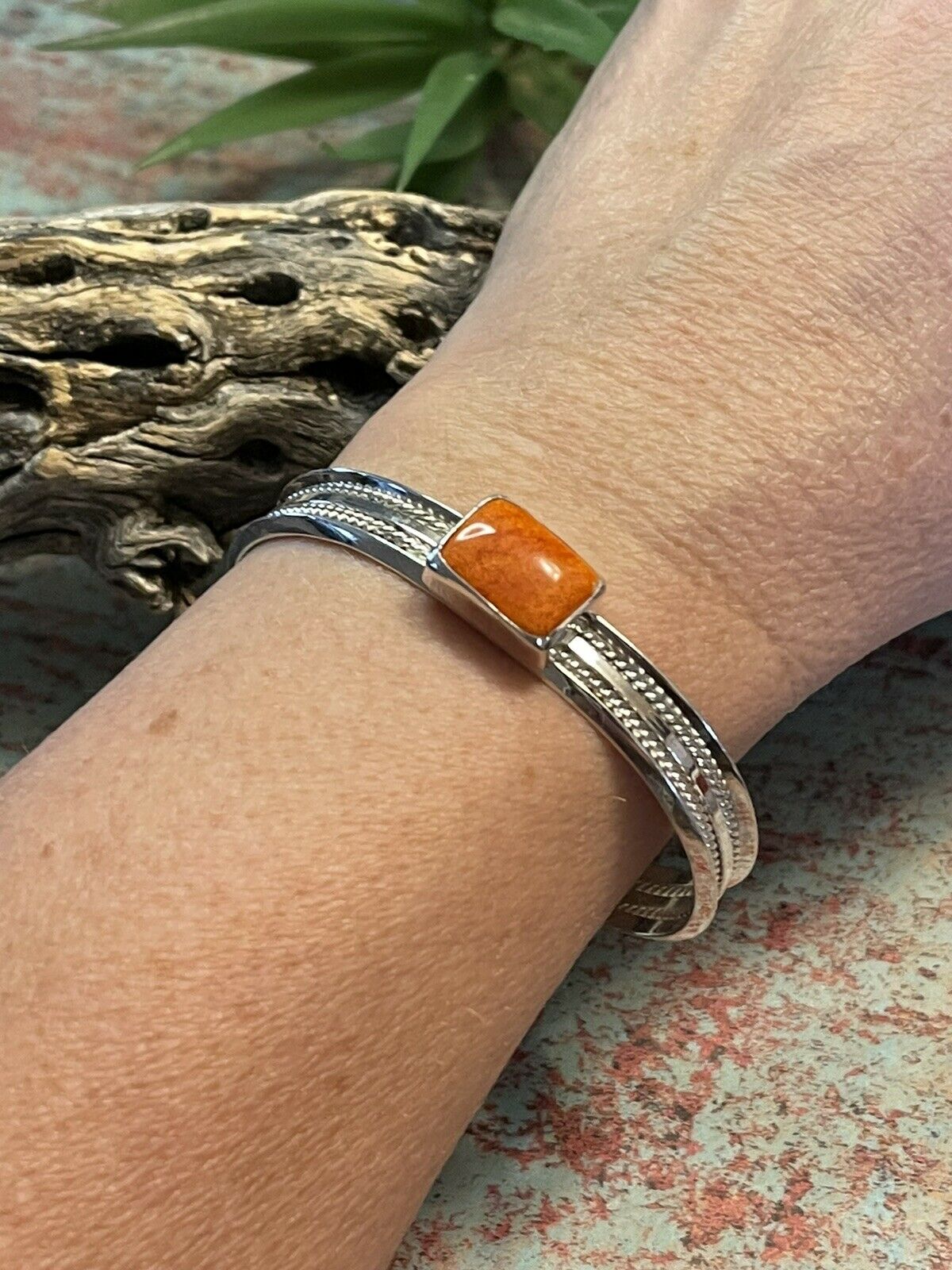 Navajo Orange Spiny Rectangle Sterling Silver Stacker Cuff Bracelet