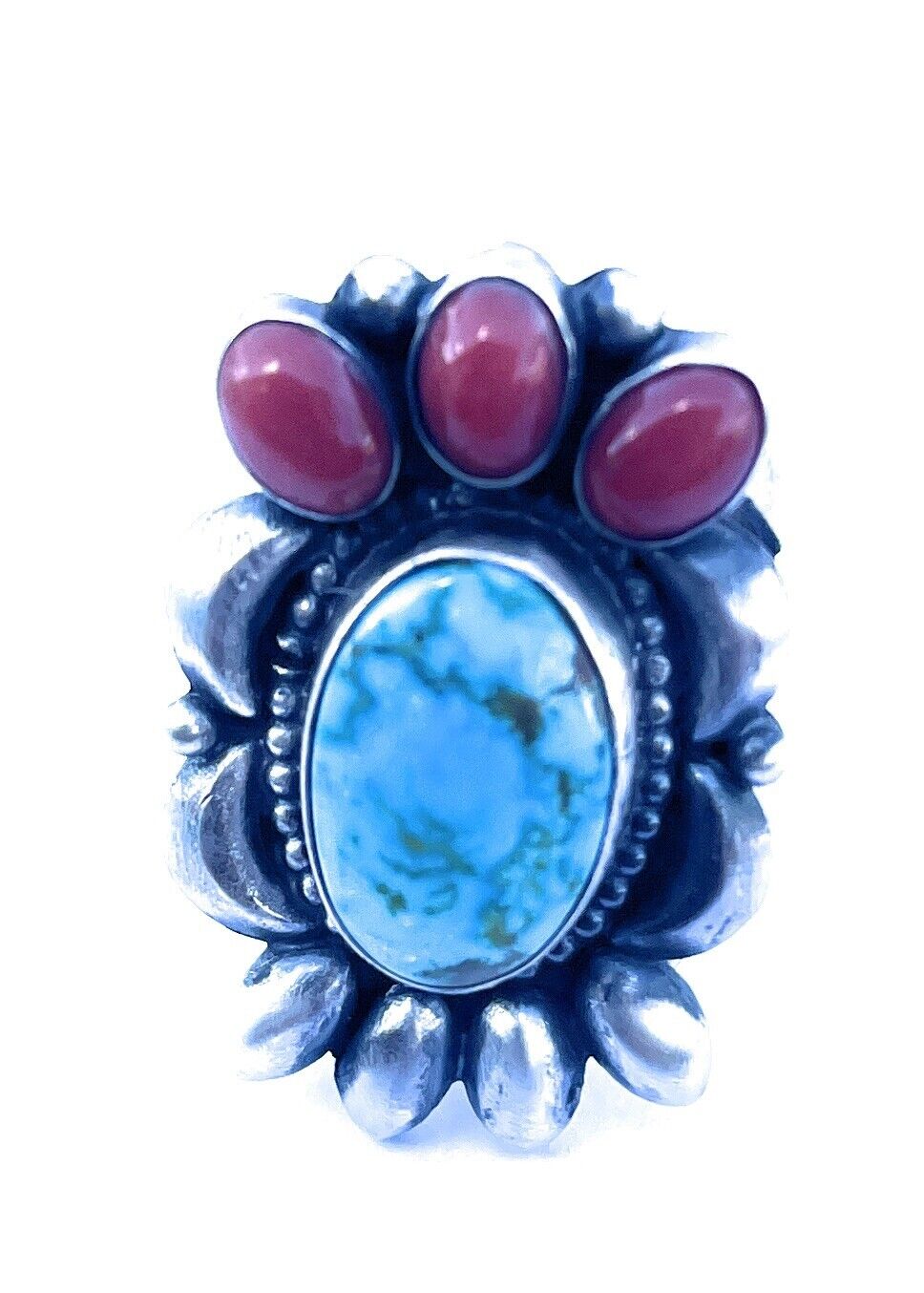 Handcrafted Sterling Kingman Web Turquoise & Red Coral Taos Collection Ring by Danny Clark, Sz 7.5